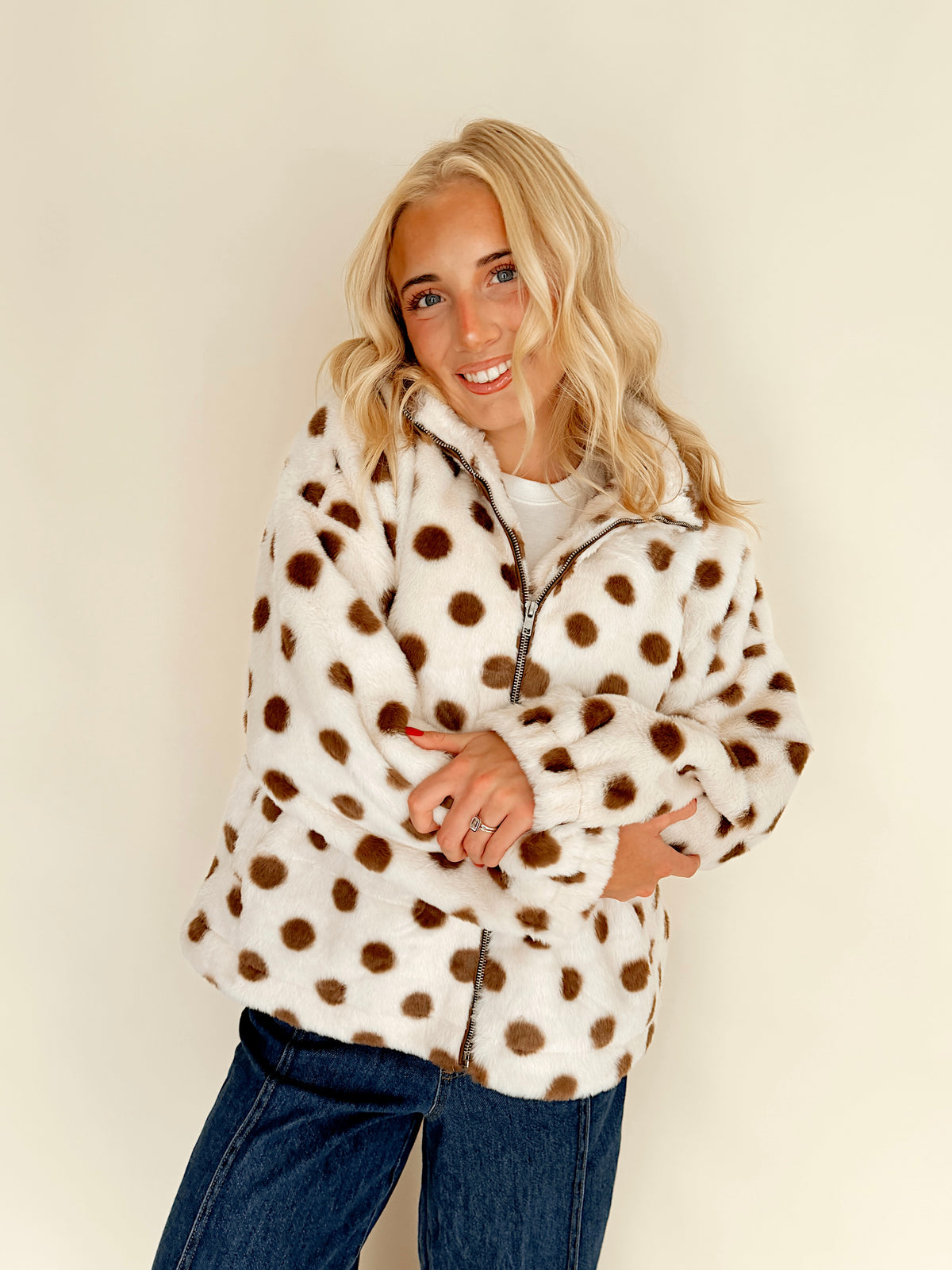 Polka Dot Fuzzy Zip-Up Jacket