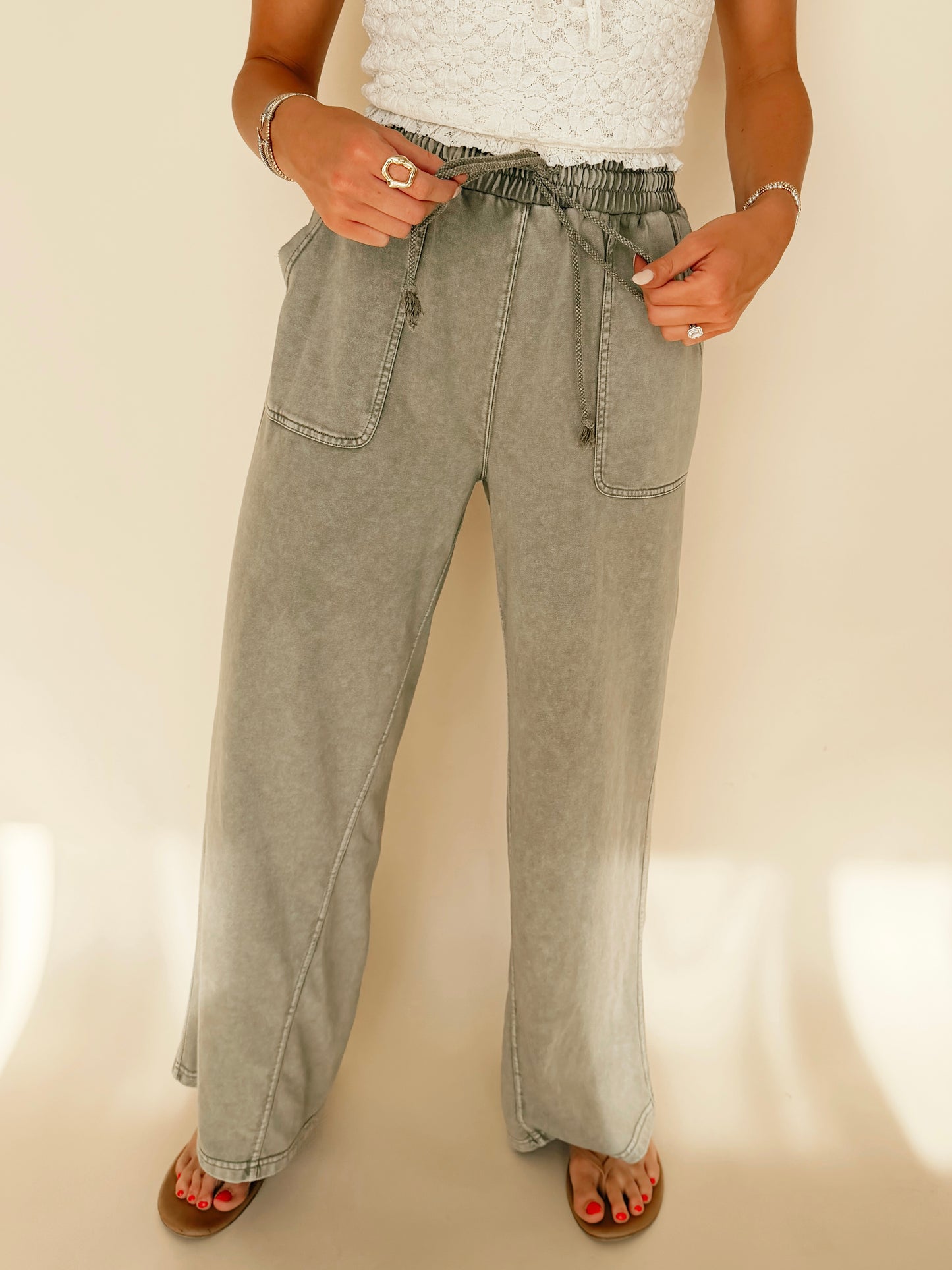 Olive French Terry Wide Leg Pants