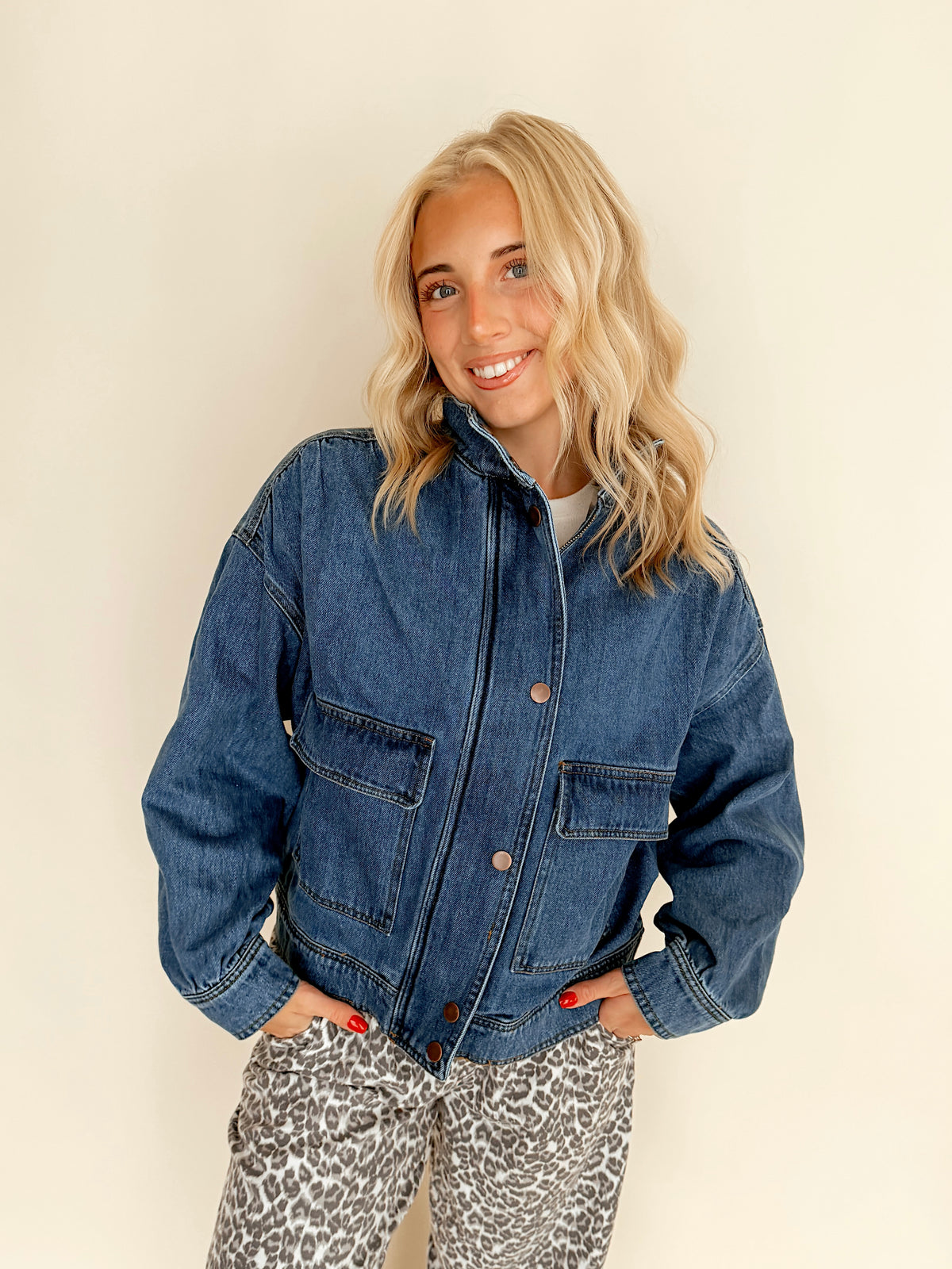Denim Funnel Neck Snap Button Jacket