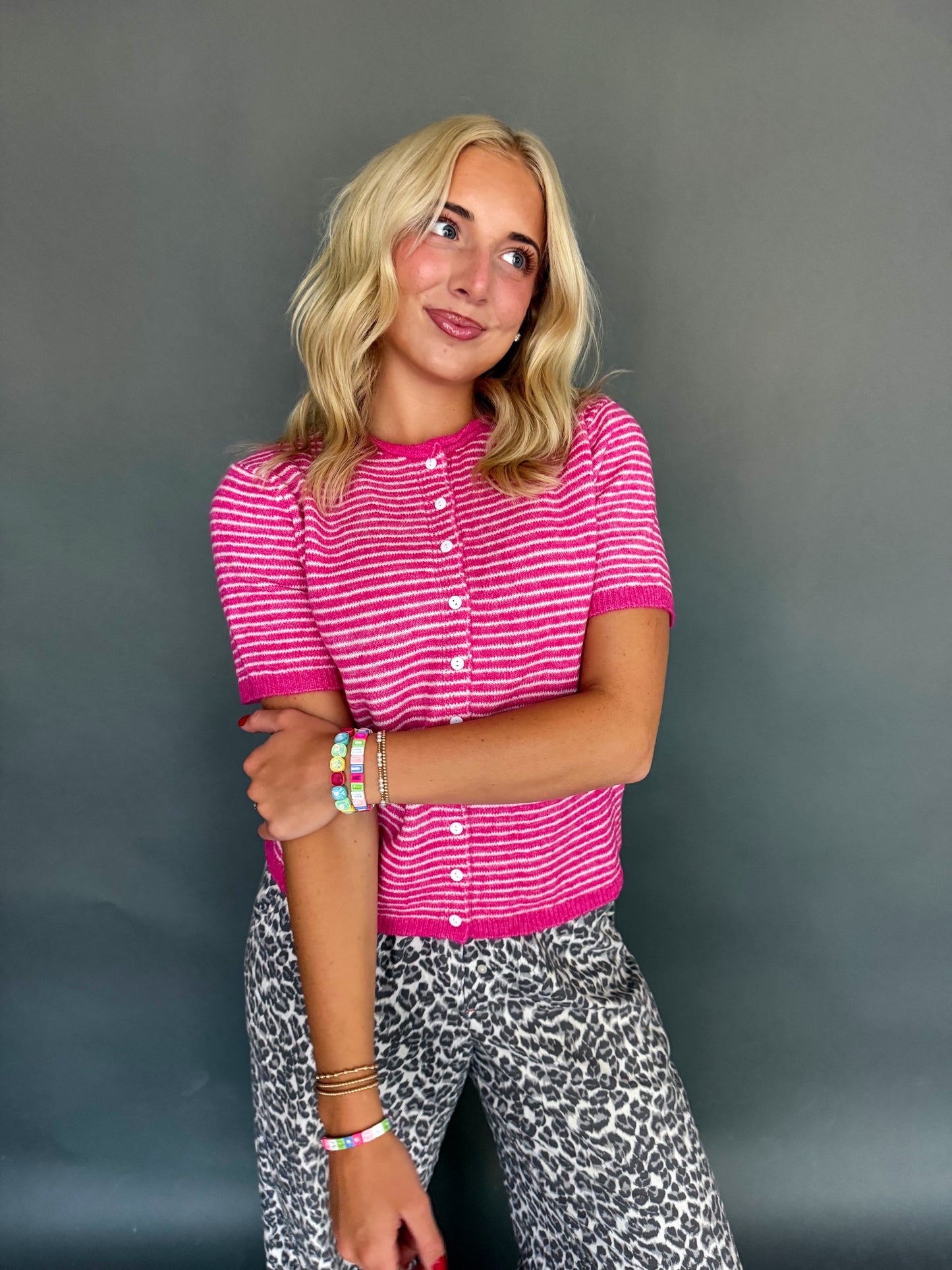 Bright Pink Striped Short Sleeve Button Cardigan