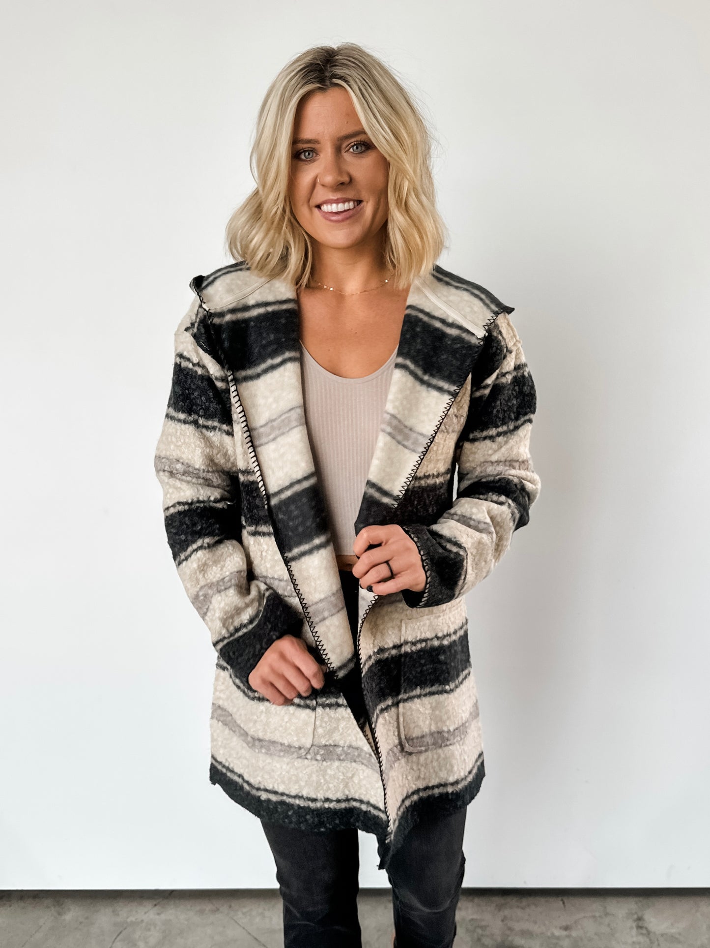 Black & Beige Striped Hooded Coat Jacket