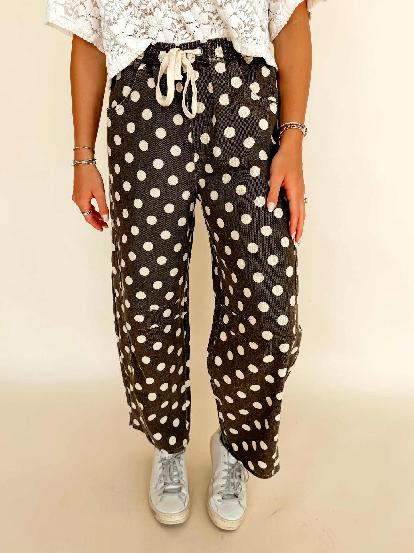 Cocoa Polka Dot Drawstring Barrel Leg Pants