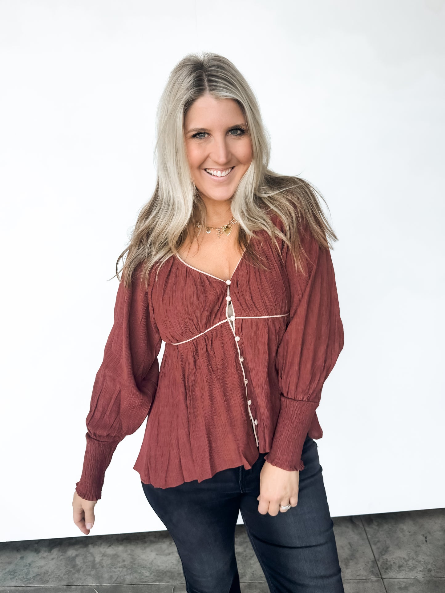 Cranberry V-Neck Button Detail Top