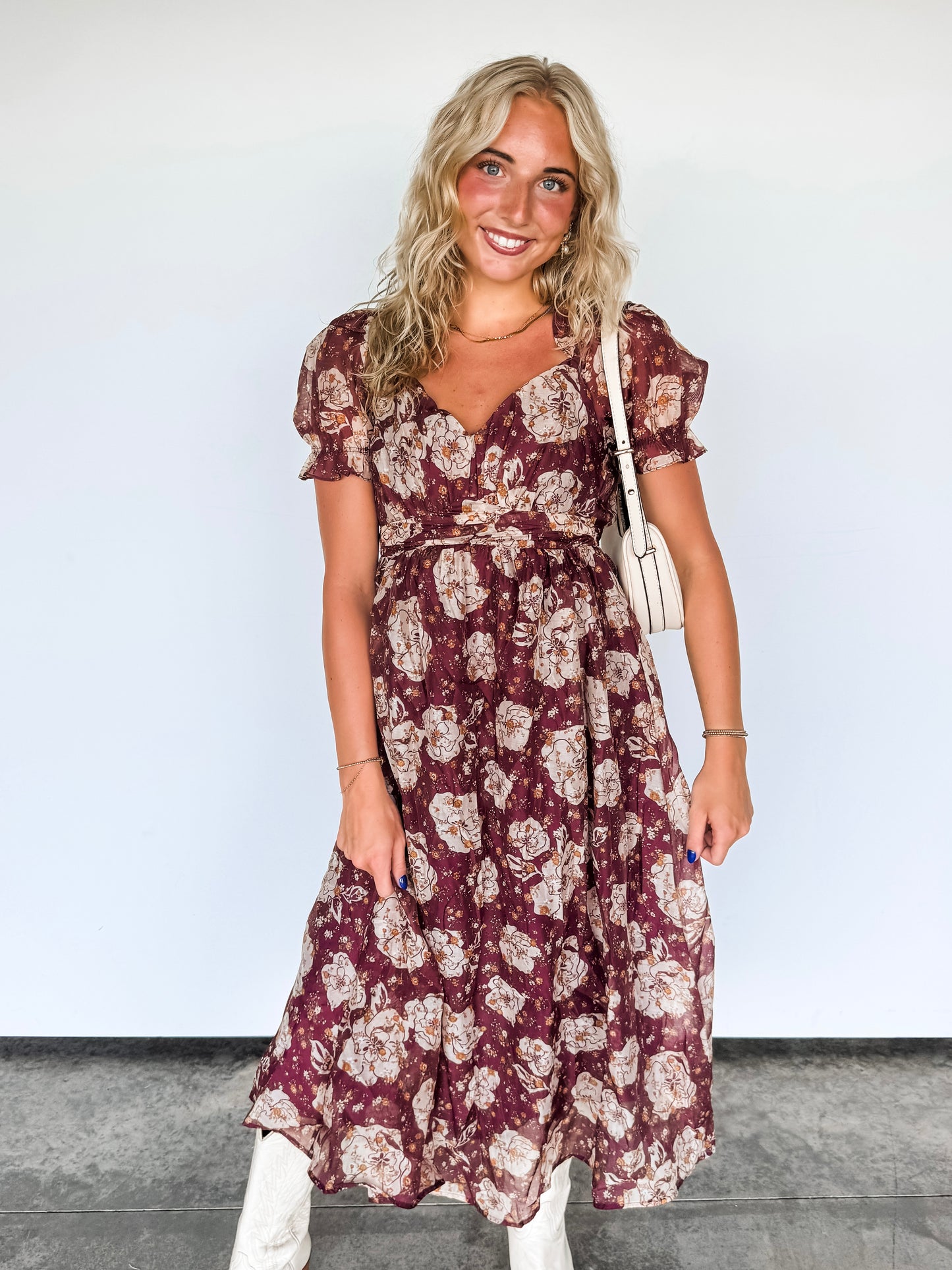 Burgundy Floral Sweetheart Midi Dress