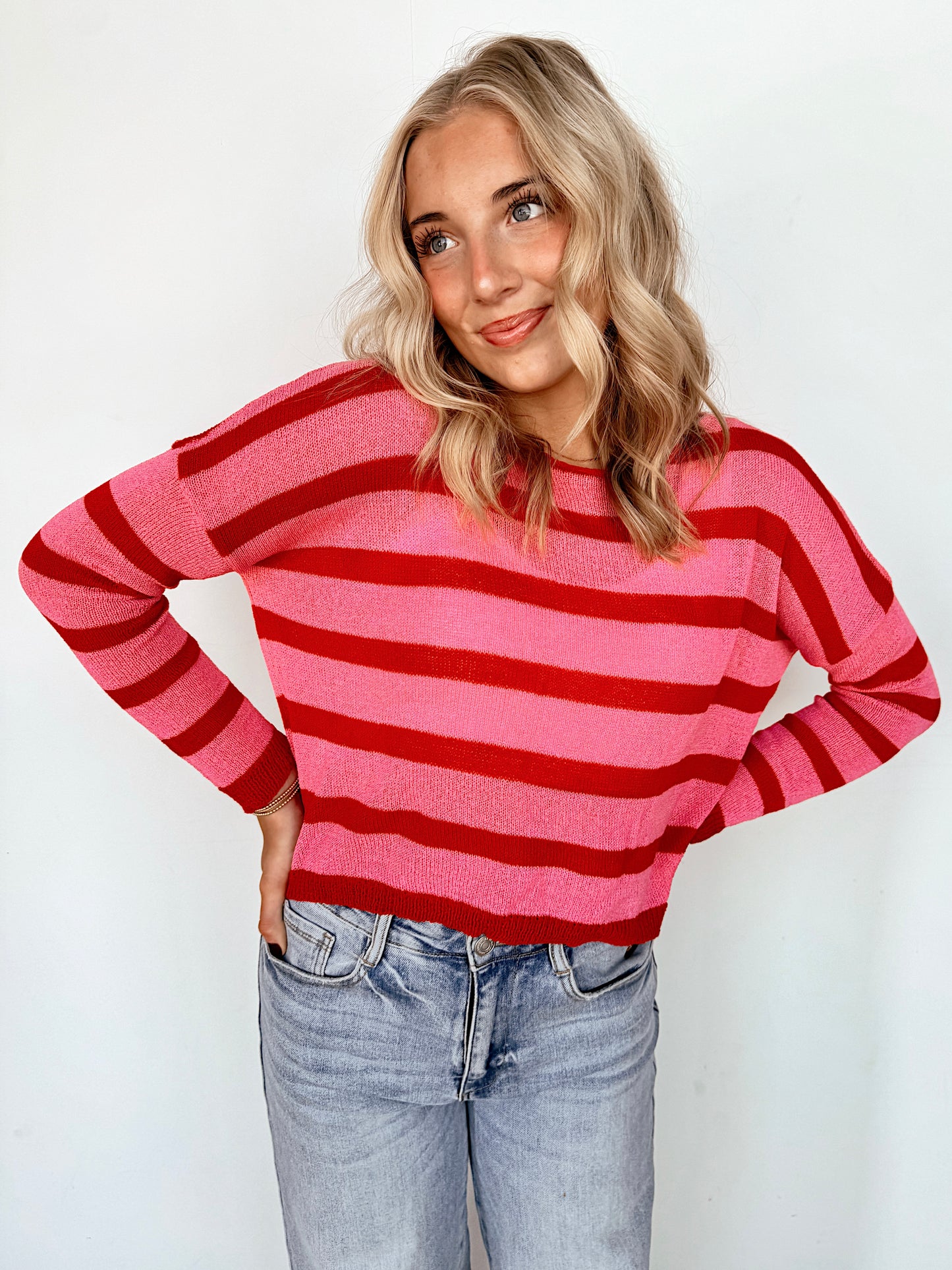 Pink & Red Striped Gauze Top