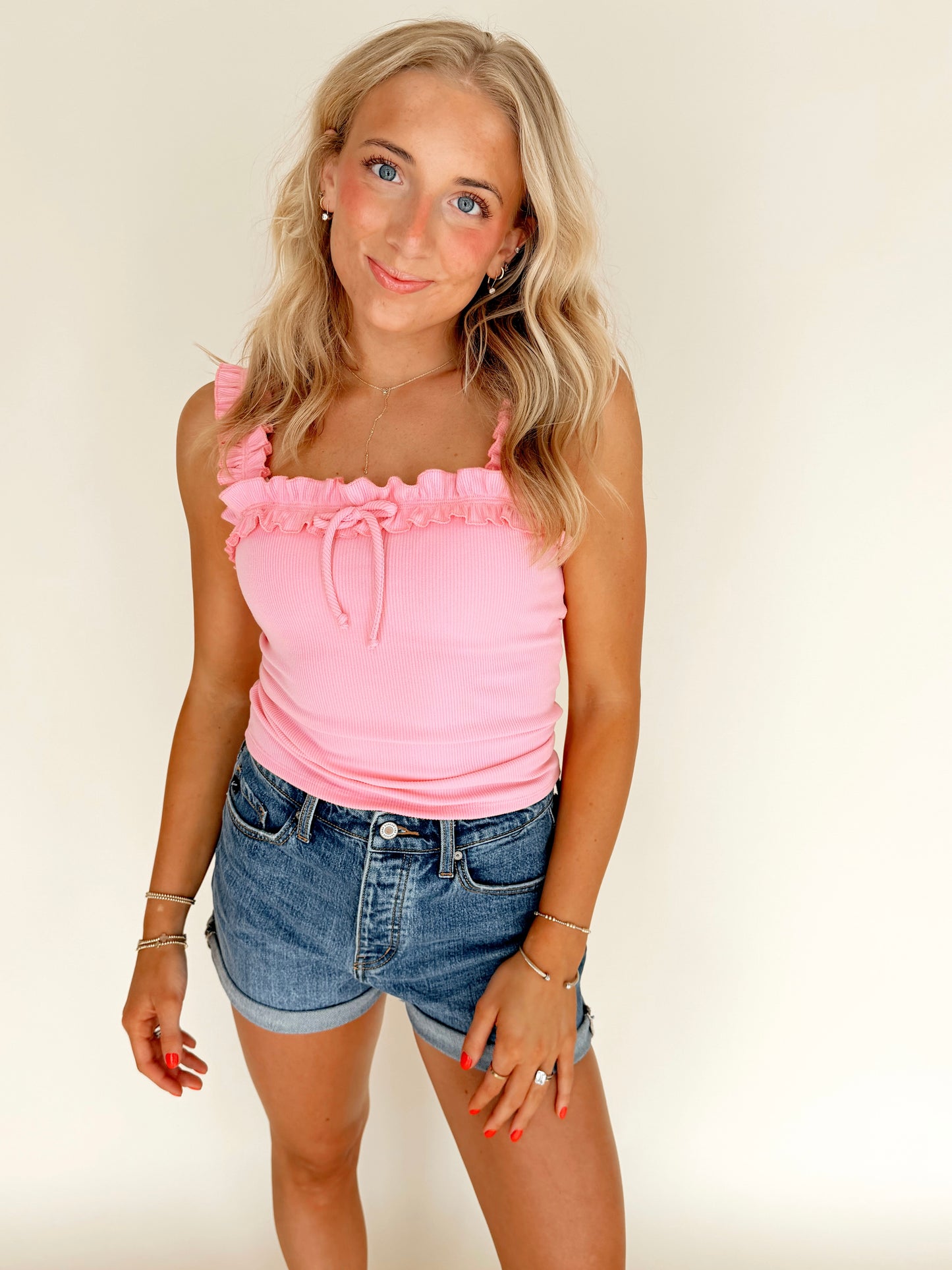 Bubblegum Pink Ruffle Trim Ribbed Tank