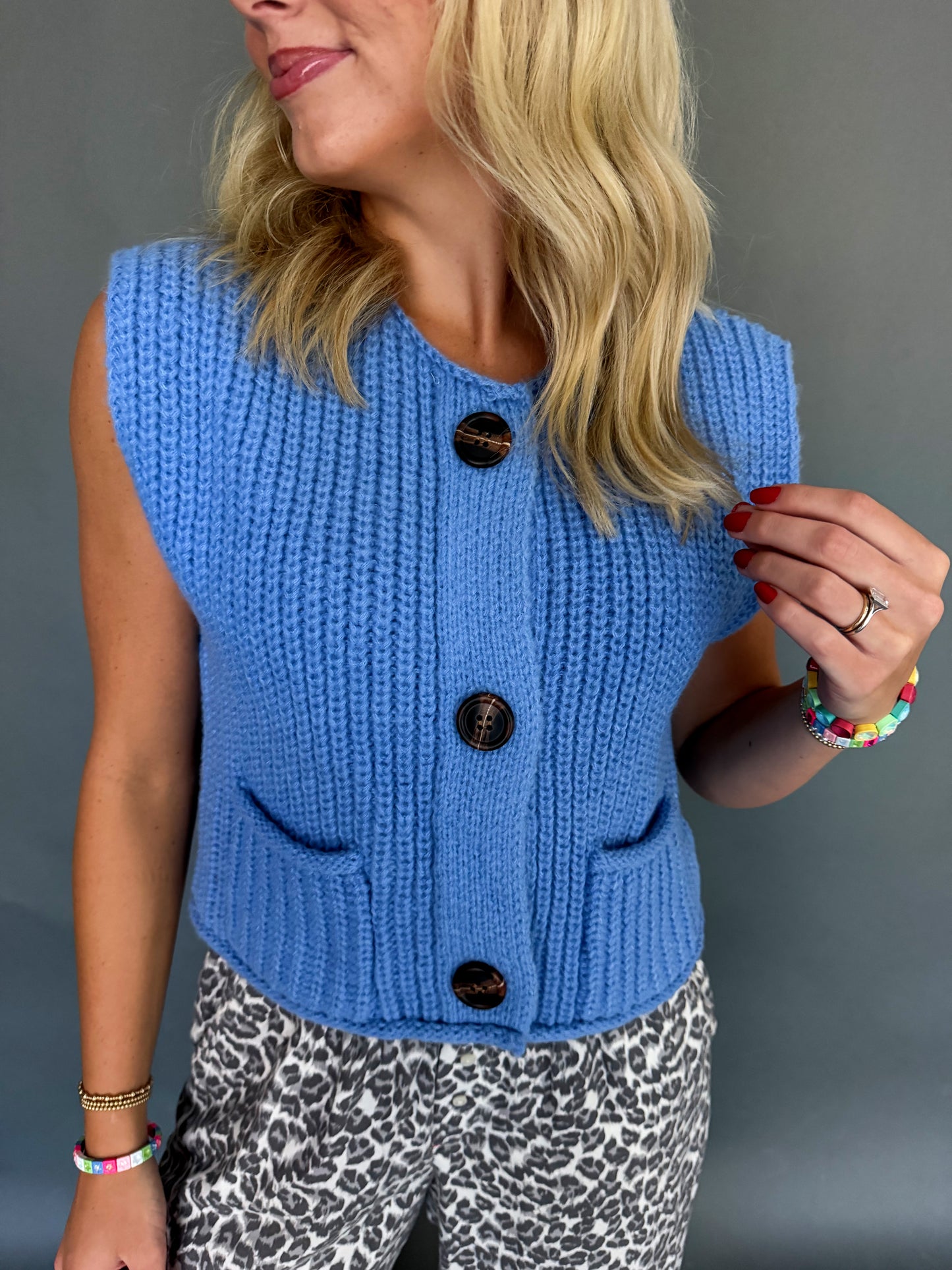 Cornflower Buttoned Sleeveless Sweater Vest