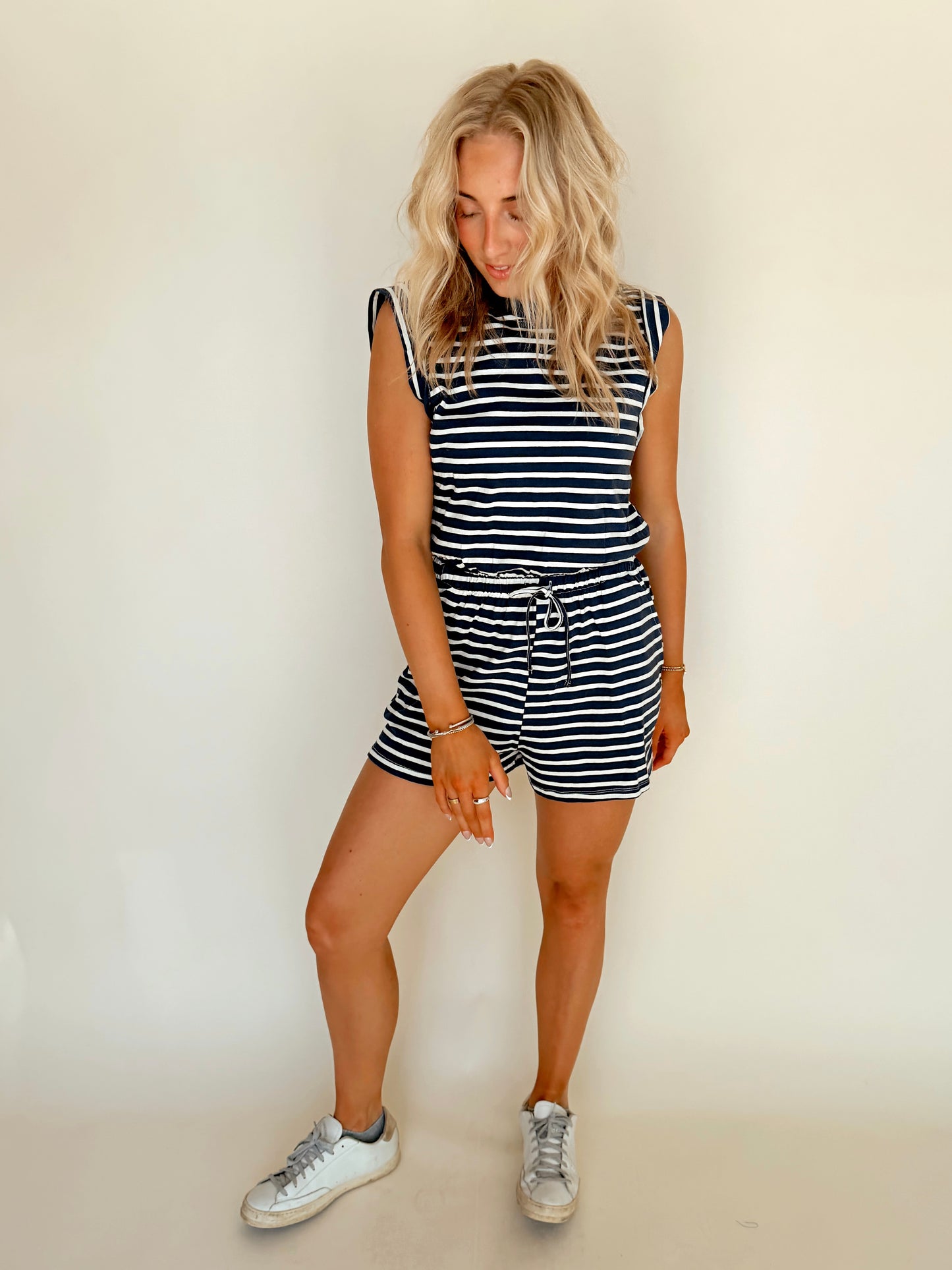 Navy Striped Drawstring Waist Cotton Romper