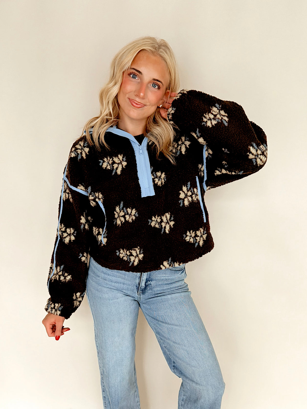 Chocolate Brown Floral Print Half Zip