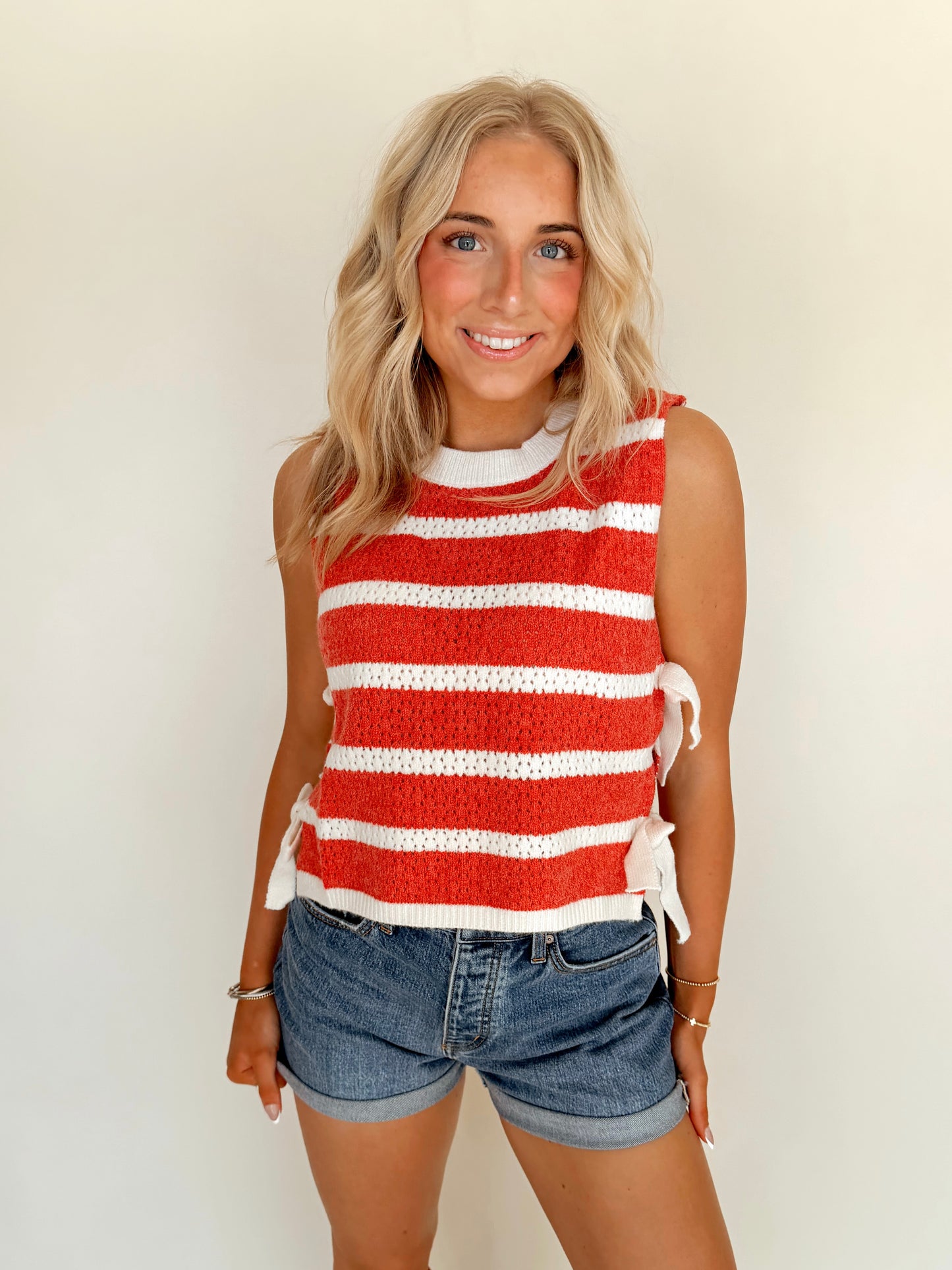 Red Striped Sleeveless Knit Sweater Tank