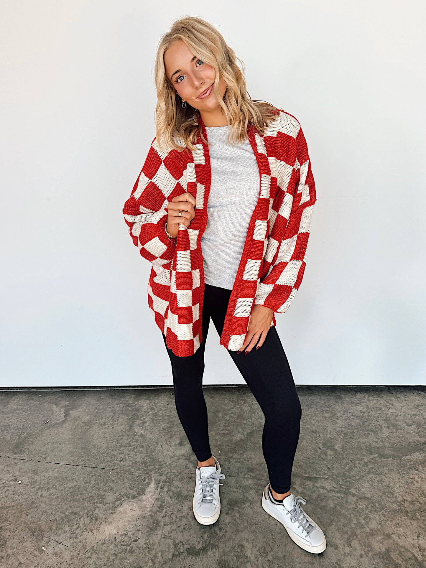 Red Checkered Oversized Cardigan