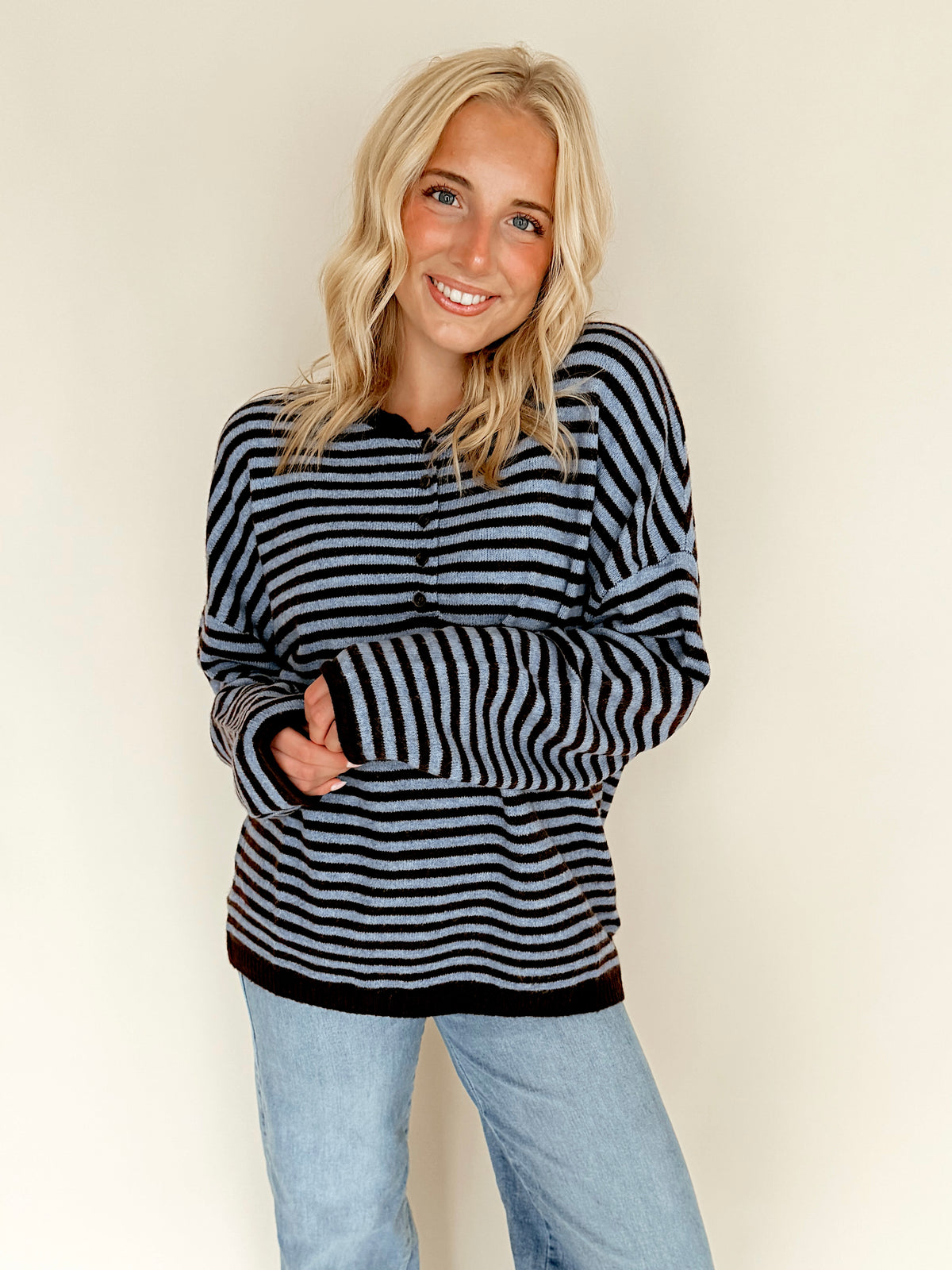 Button Henley Striped Sweater Top