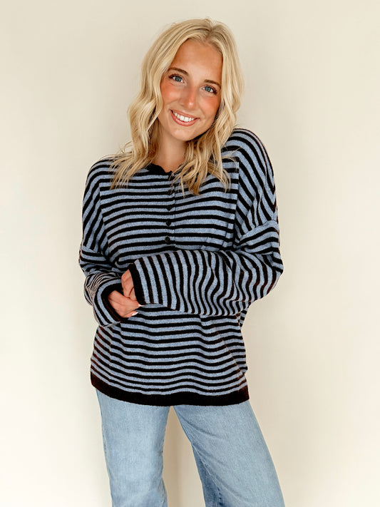 Button Henley Striped Sweater Top