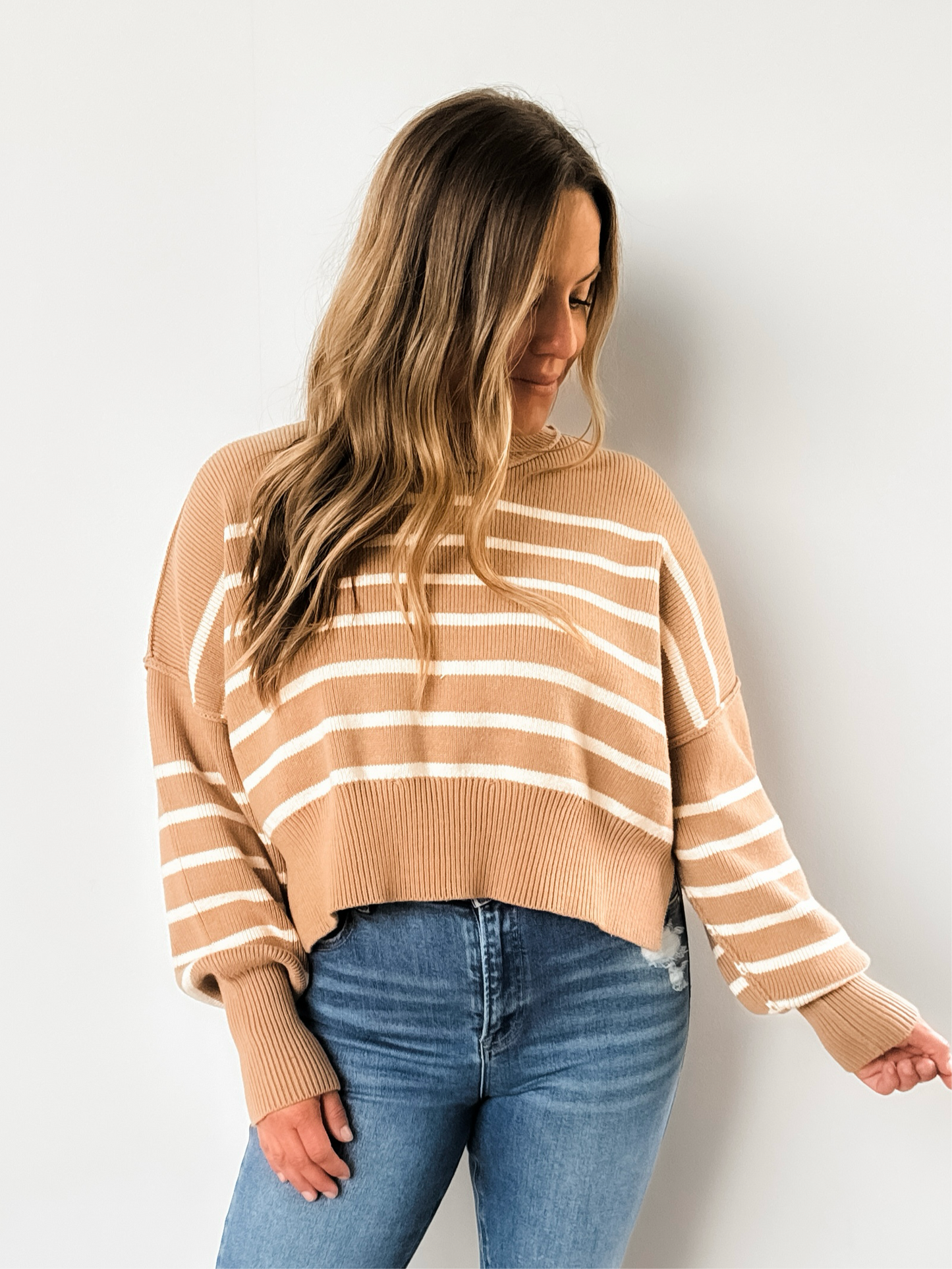 Taupe & Cream Striped Mock Neck Sweater