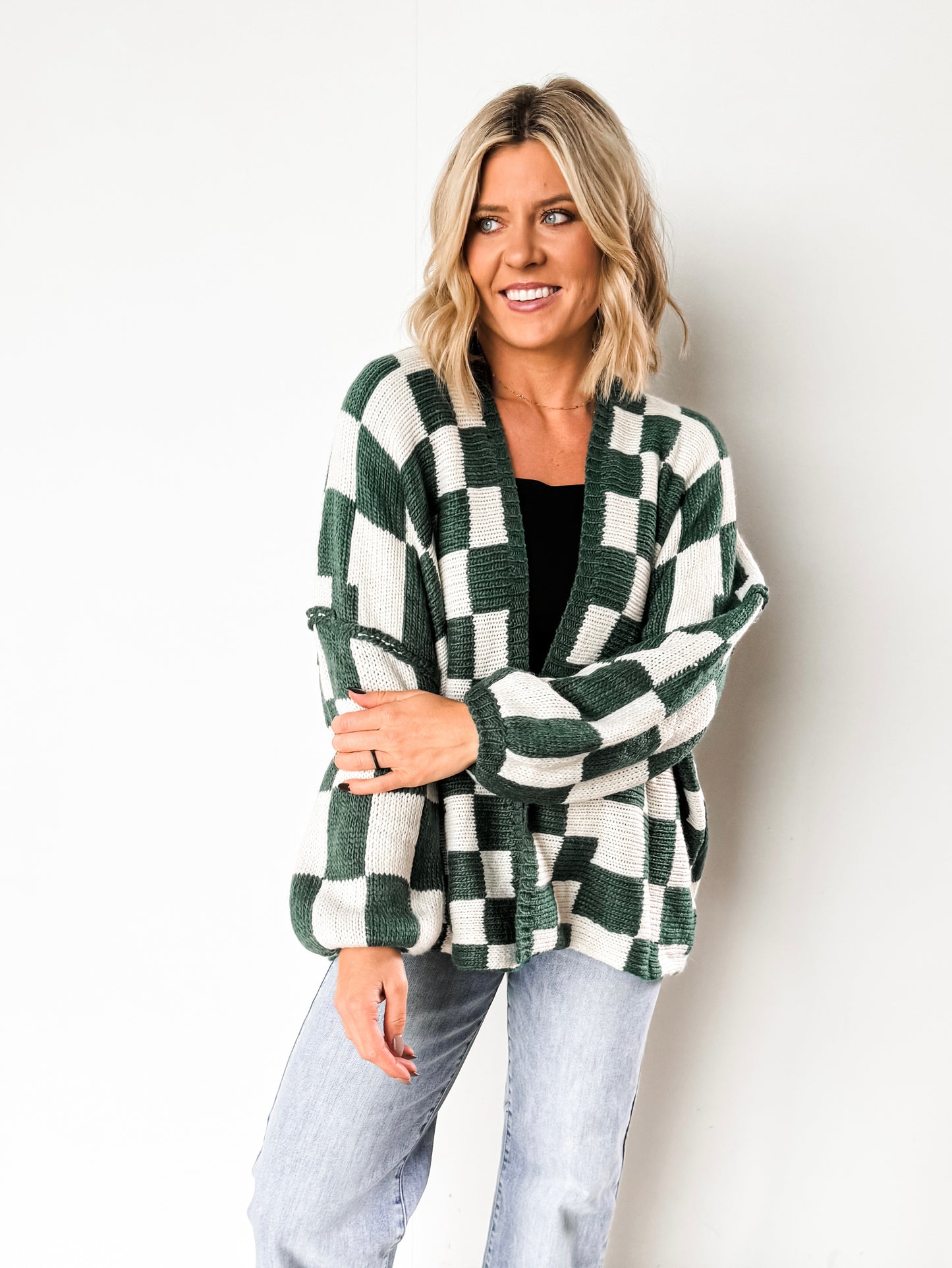 ‘Checking It Twice’ Holiday Green Checked Cardigan