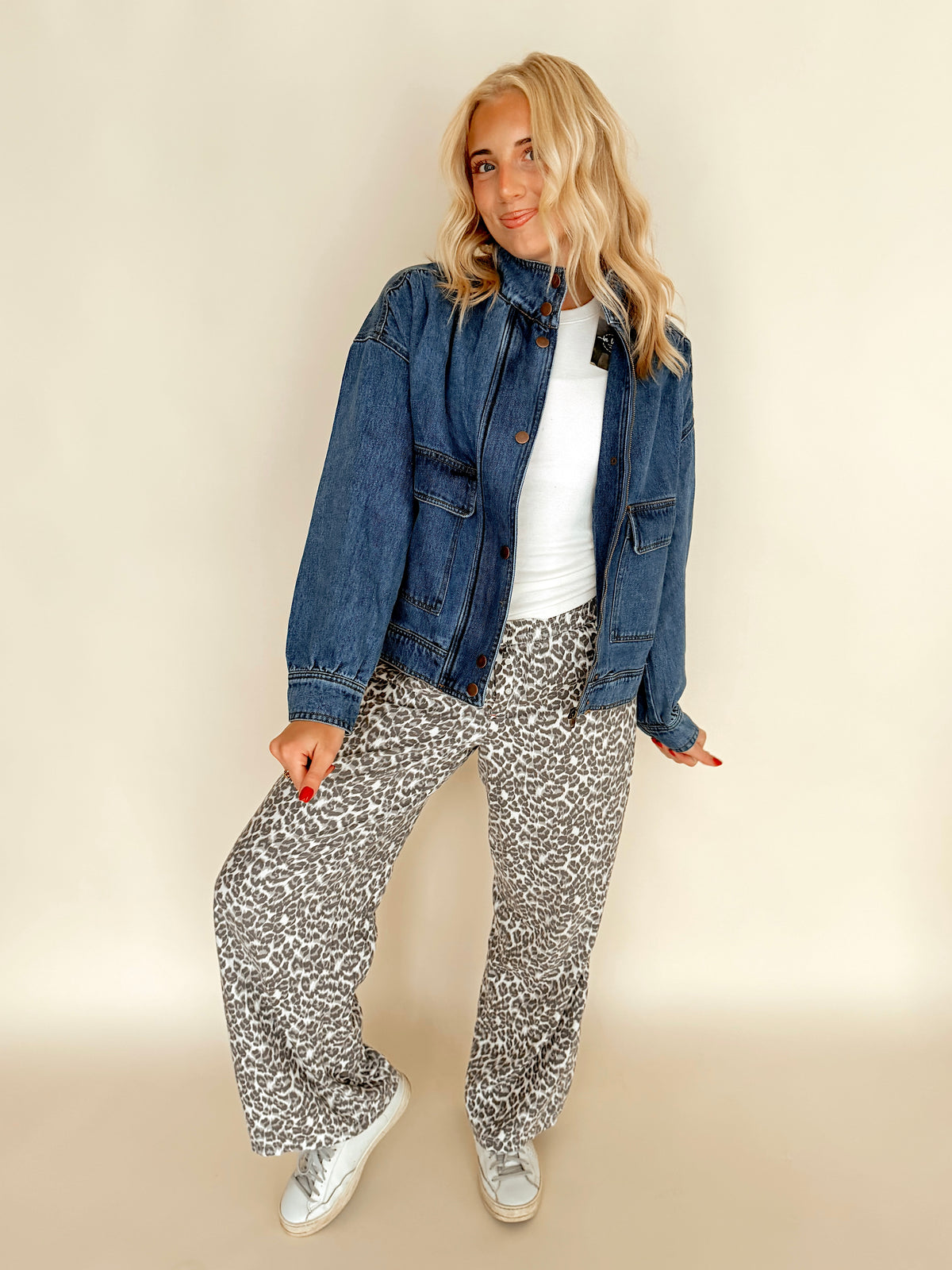 Denim Funnel Neck Snap Button Jacket