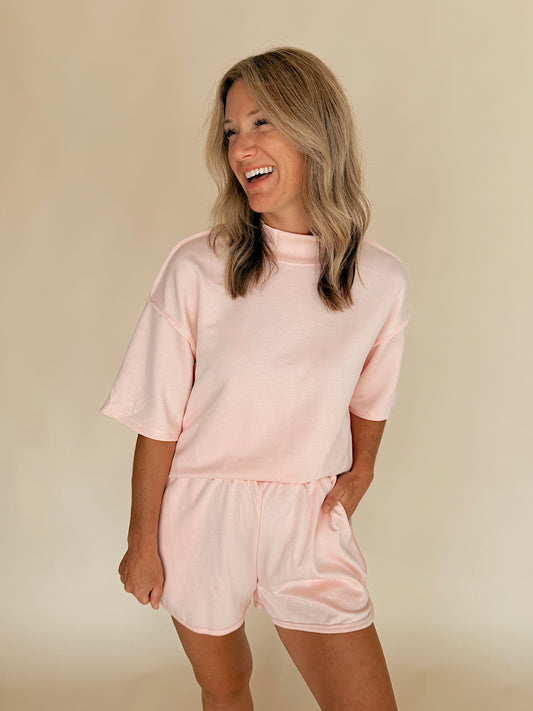 Light Pink Mock Neck Oversize Tee Two-Piece Set