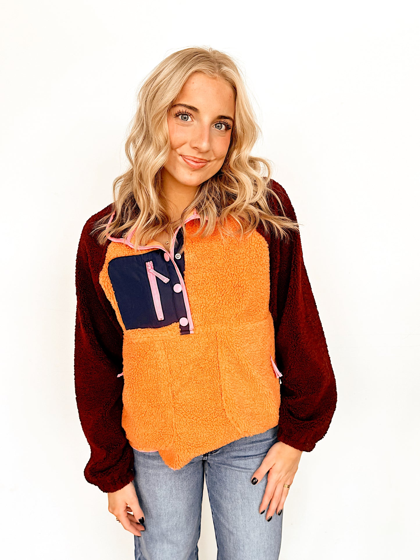 Colorblock Button Snap Pullover Fleece