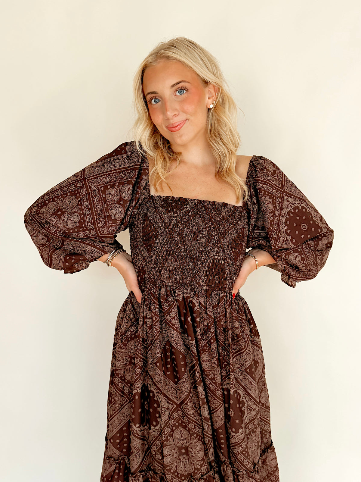 Bandana Print Smocked Square Neck Maxi Dress