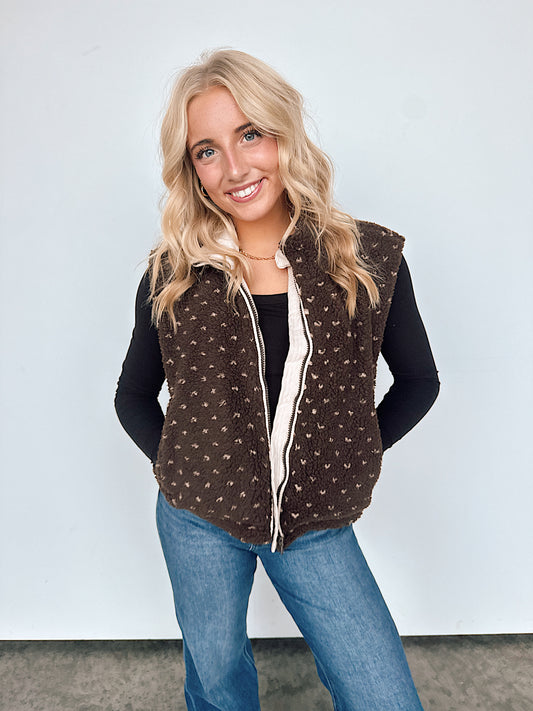 Chocolate Dotted Floral Fleece Vest