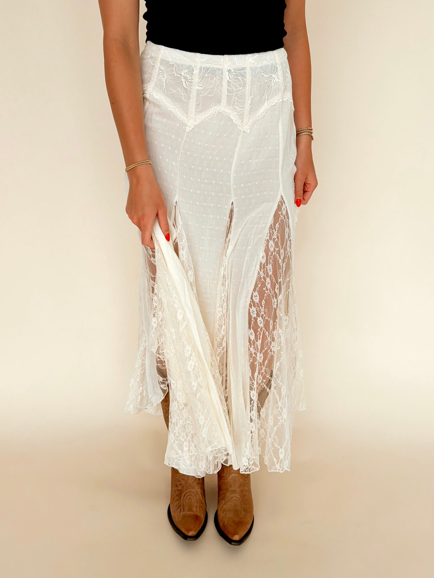 Cream Flowy Lace Maxi Skirt