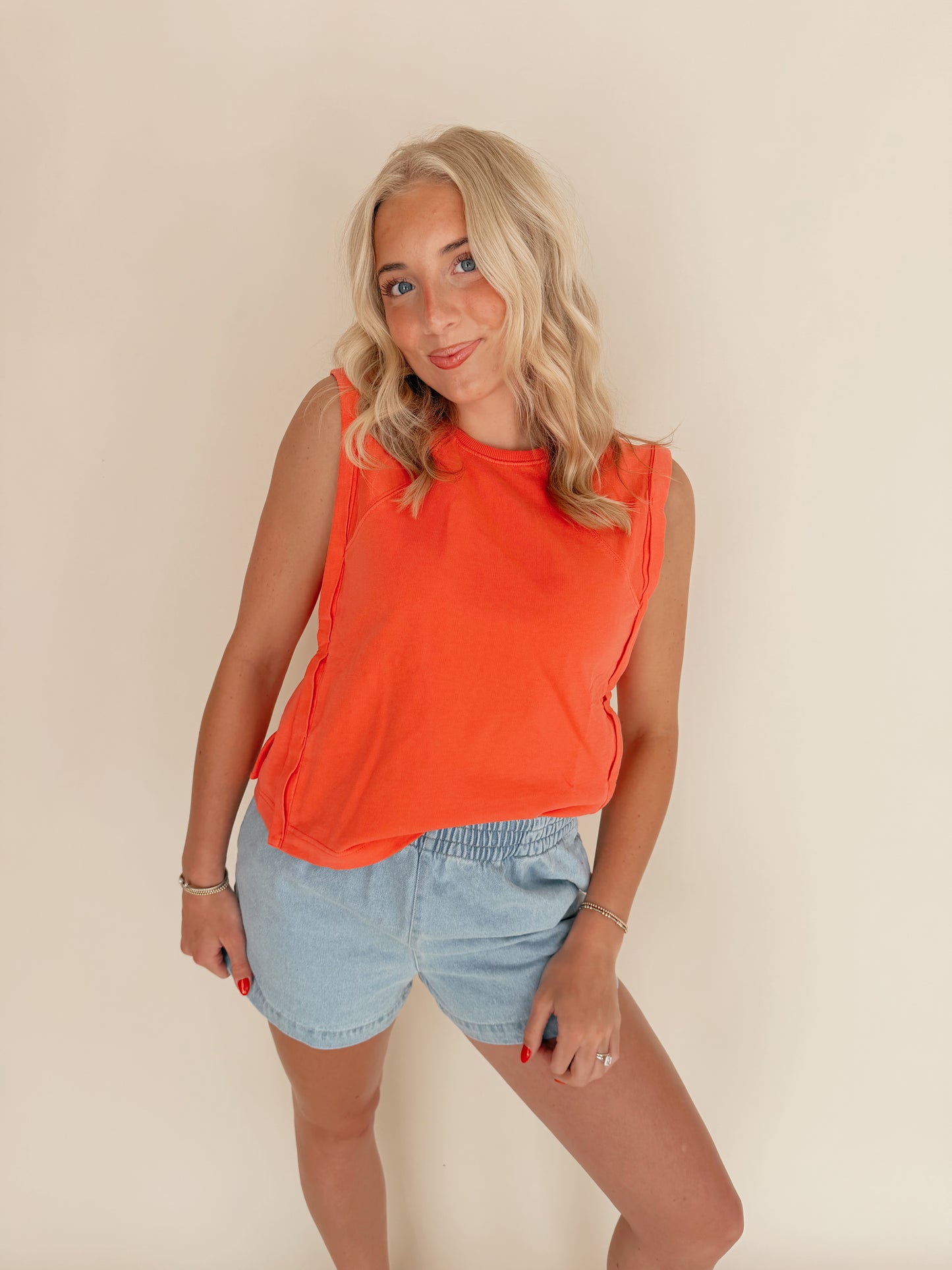 Coral Round Neck Sleeveless Boxy Top