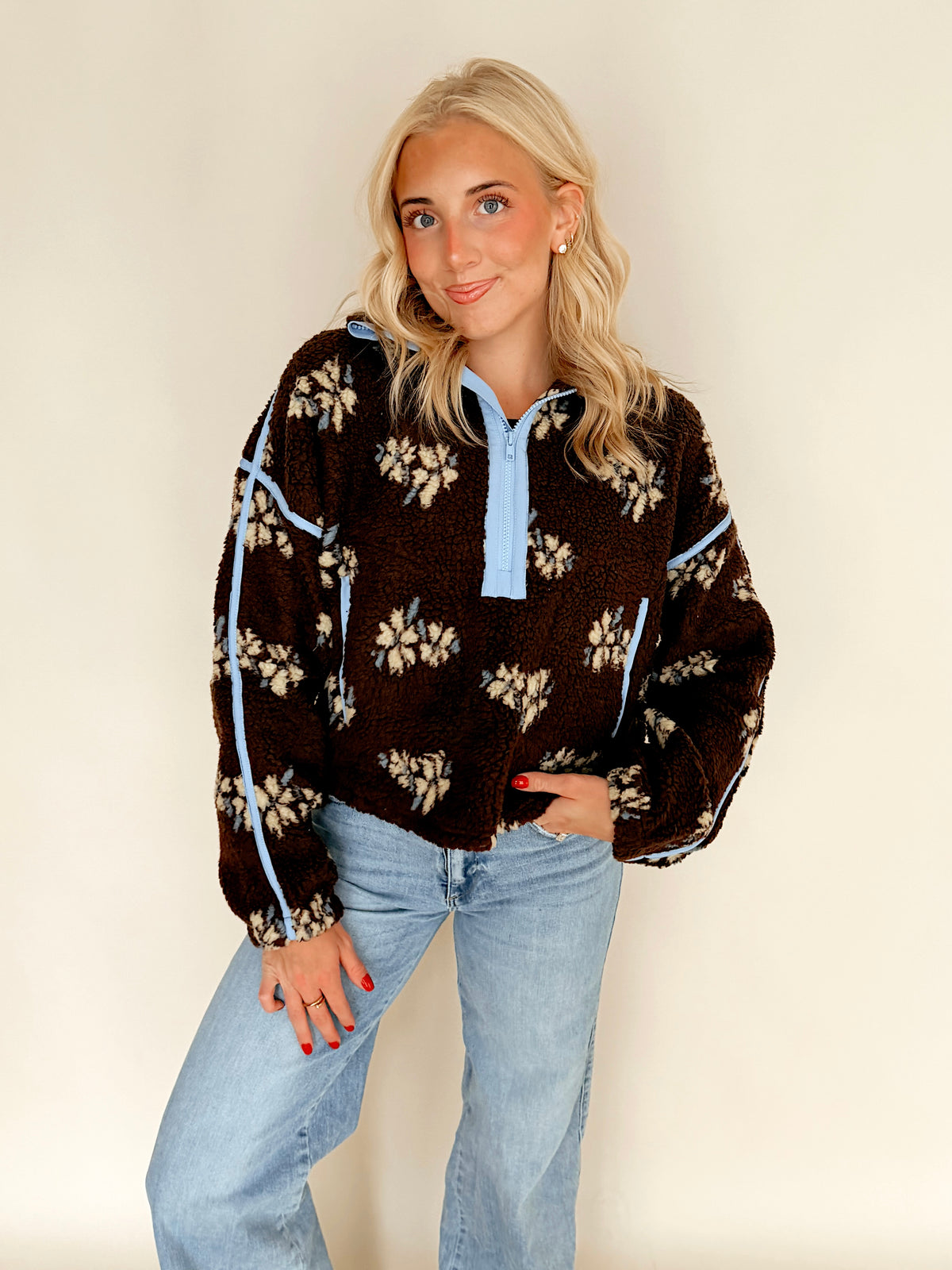 Chocolate Brown Floral Print Half Zip