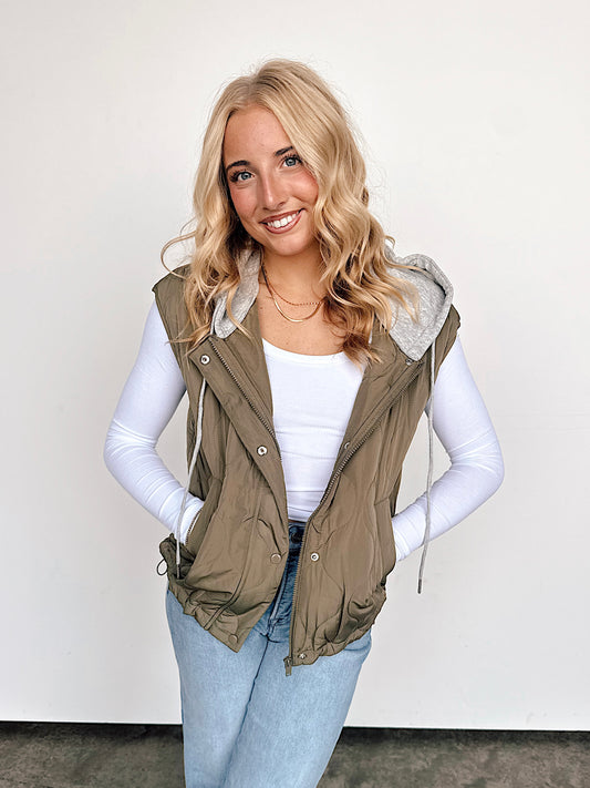 Olive Quilted Hooded Vest