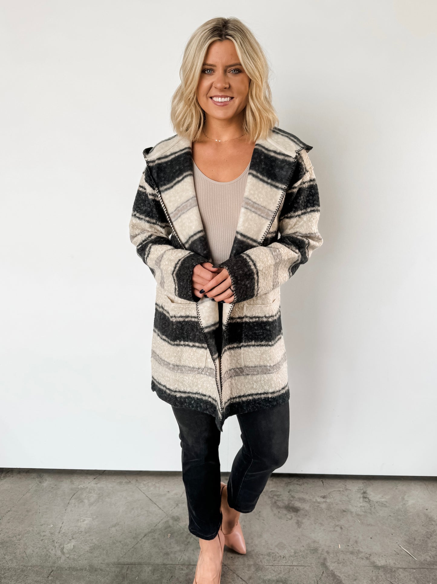 Black & Beige Striped Hooded Coat Jacket