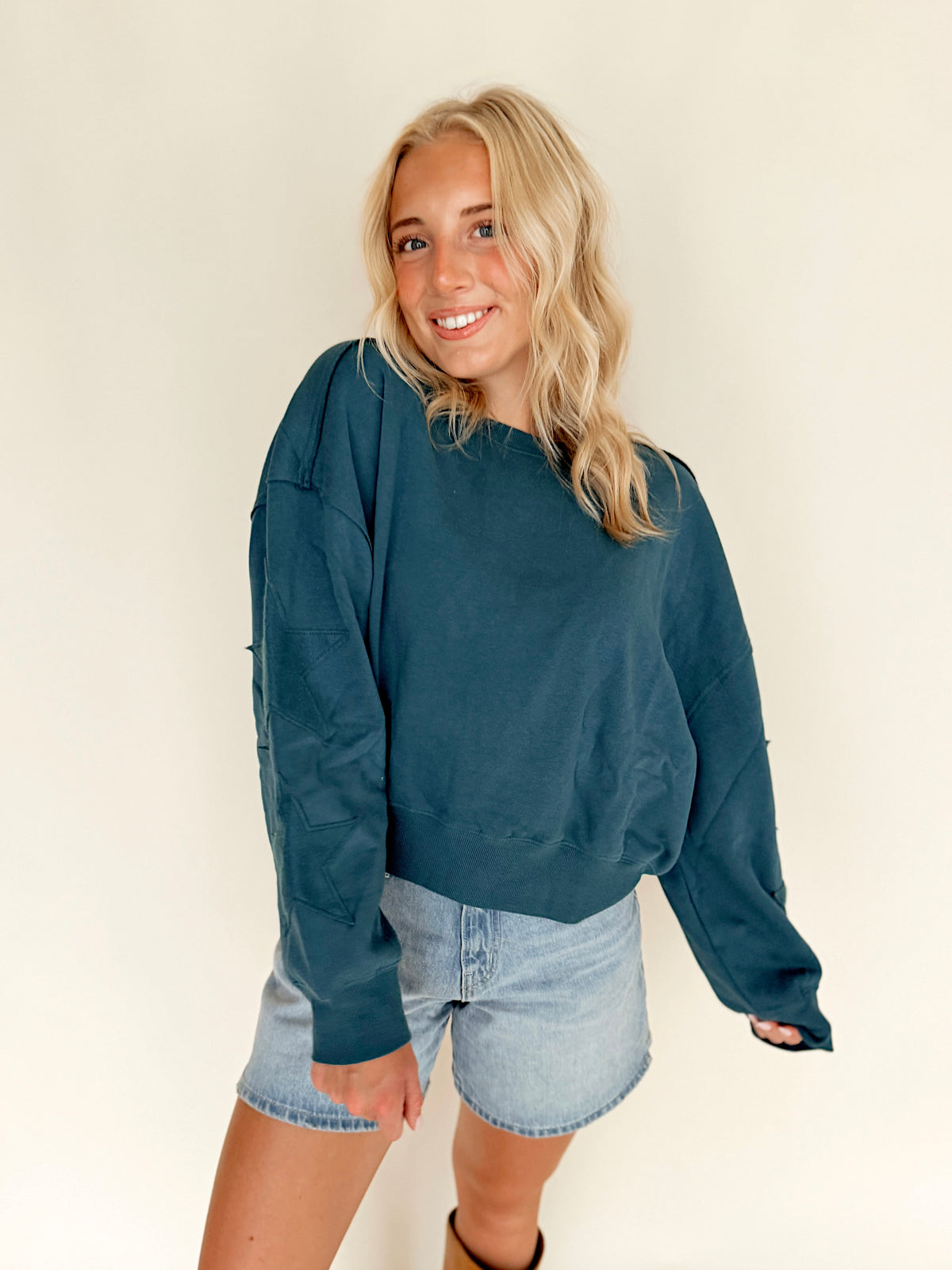 Dark Teal Star Patch Sleeve Sweatshirt