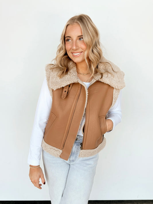 Camel Faux Leather Buckle Detail Vest