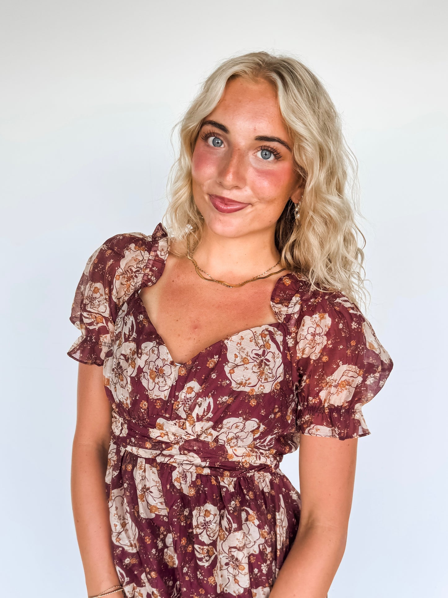 Burgundy Floral Sweetheart Midi Dress