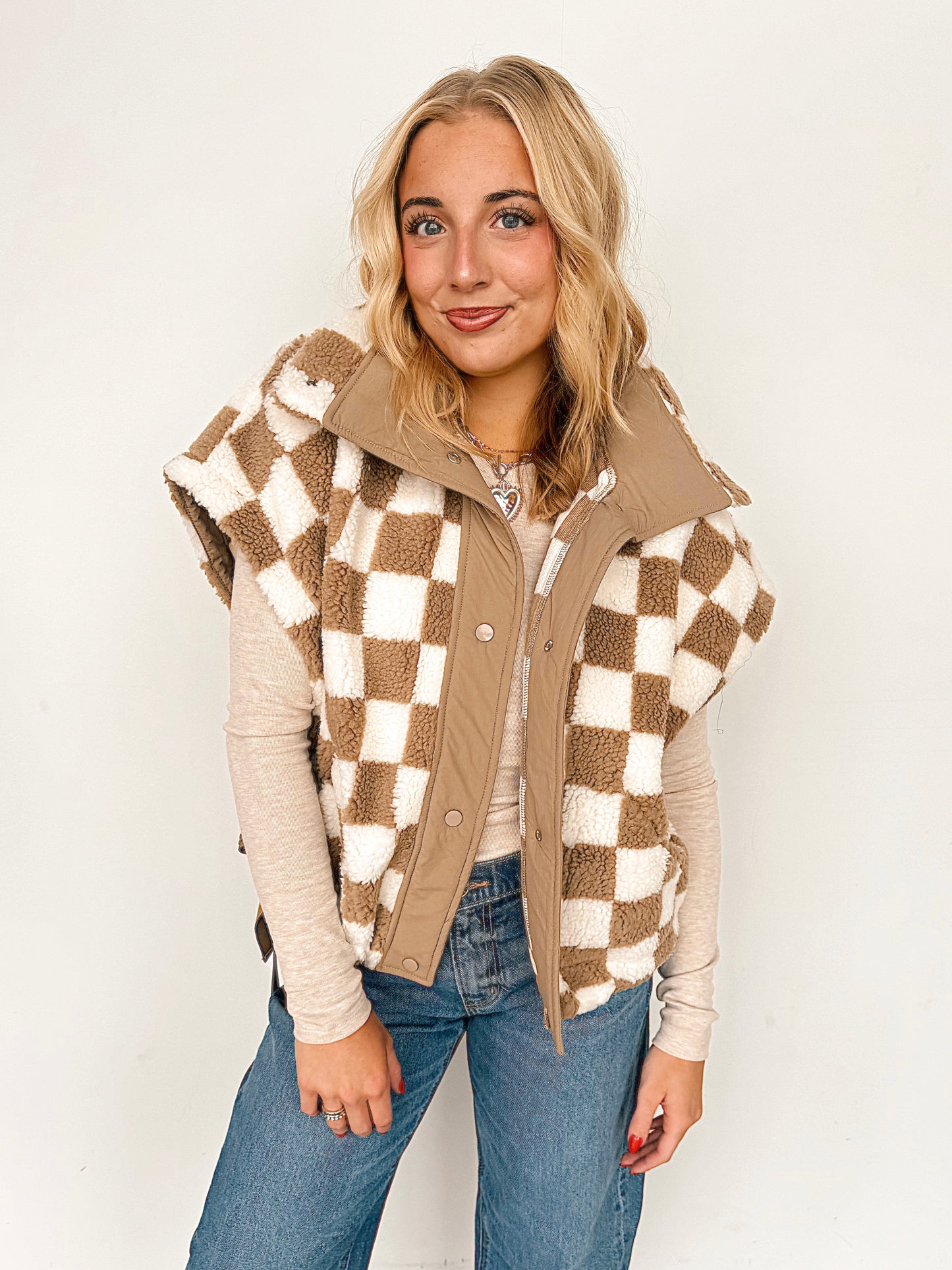 Beige Checkered Fleece Vest