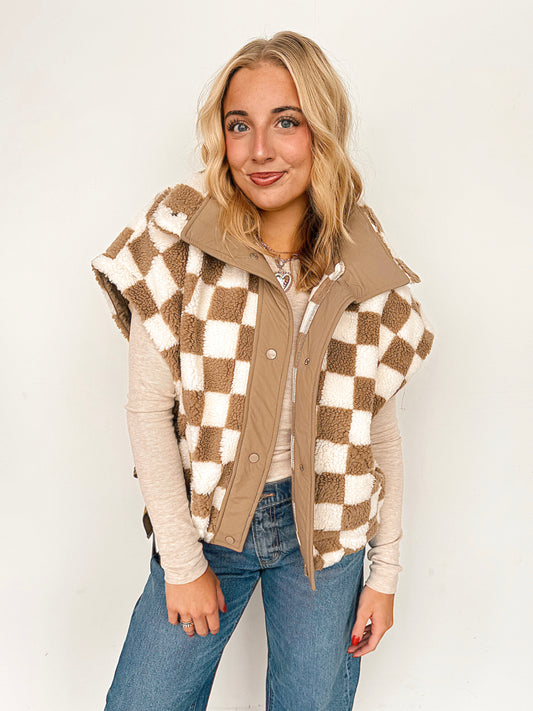 Beige Checkered Fleece Vest