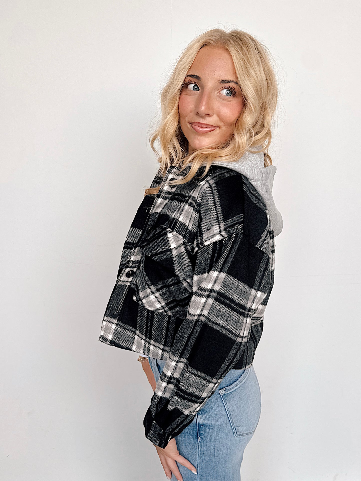 Black Hooded Cropped Plaid Jacket