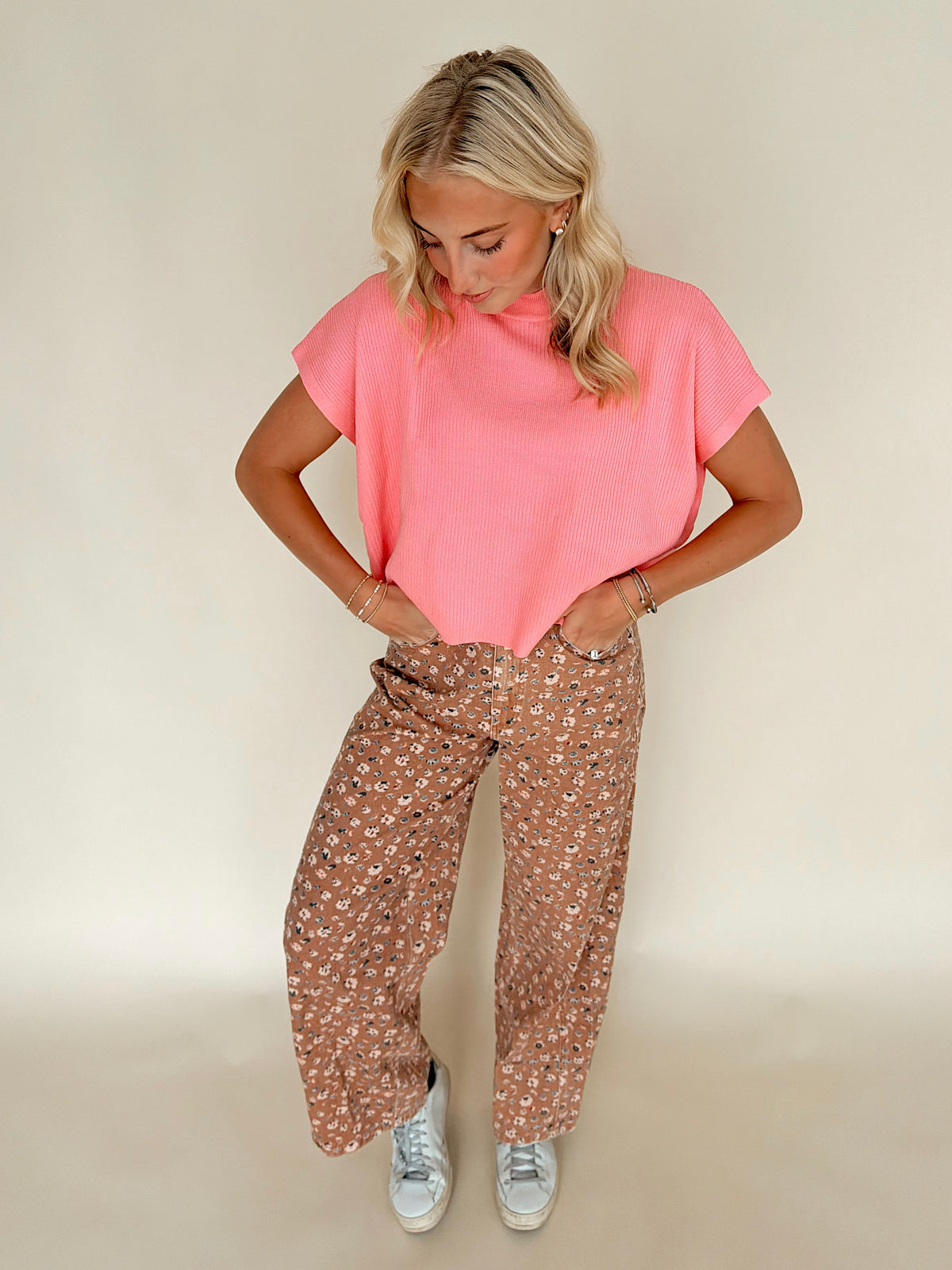 Brown Floral Print Barrel Denim