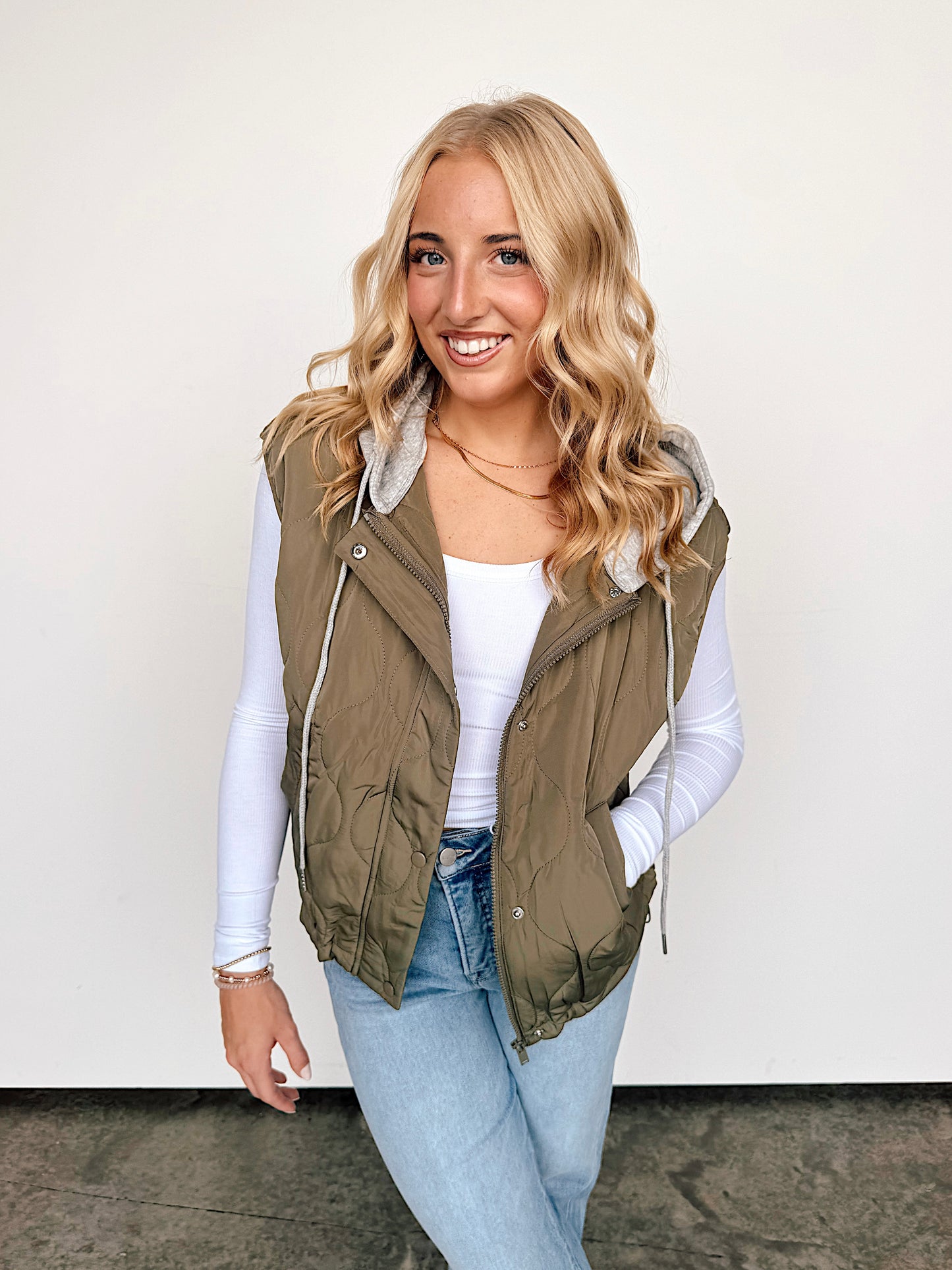 Olive Quilted Hooded Vest