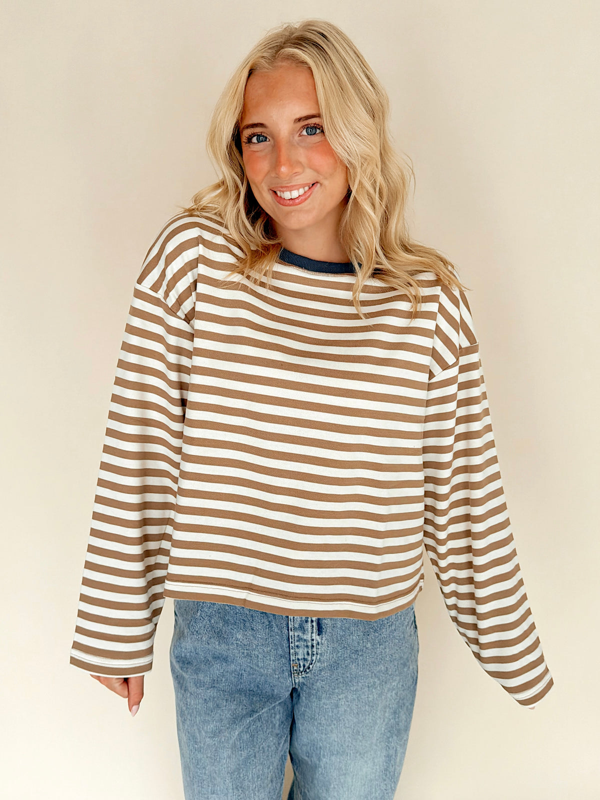 Tan & White Striped Colorblock Long Sleeve Top