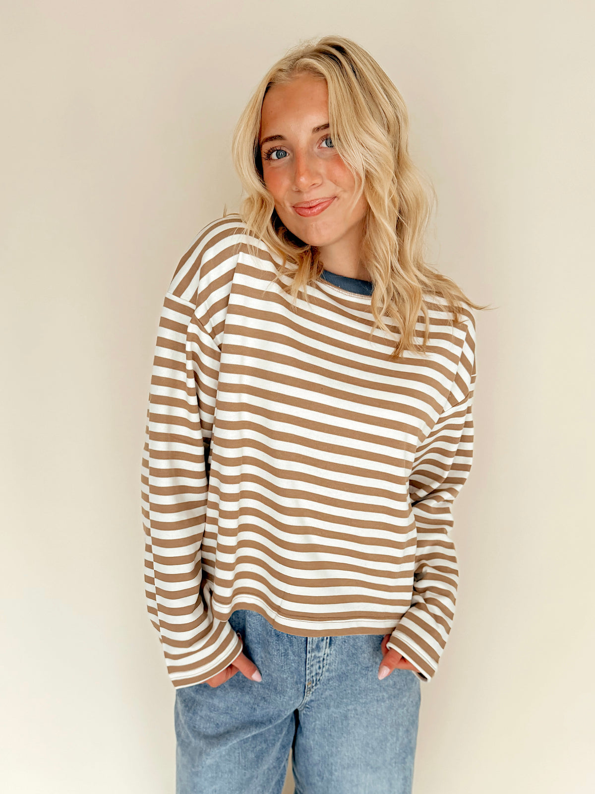 Tan & White Striped Colorblock Long Sleeve Top