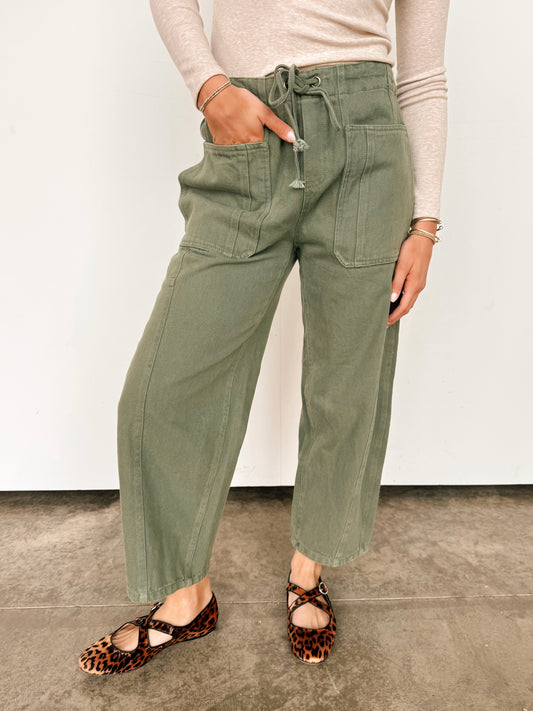 Olive Green Drawstring Barrel Denim