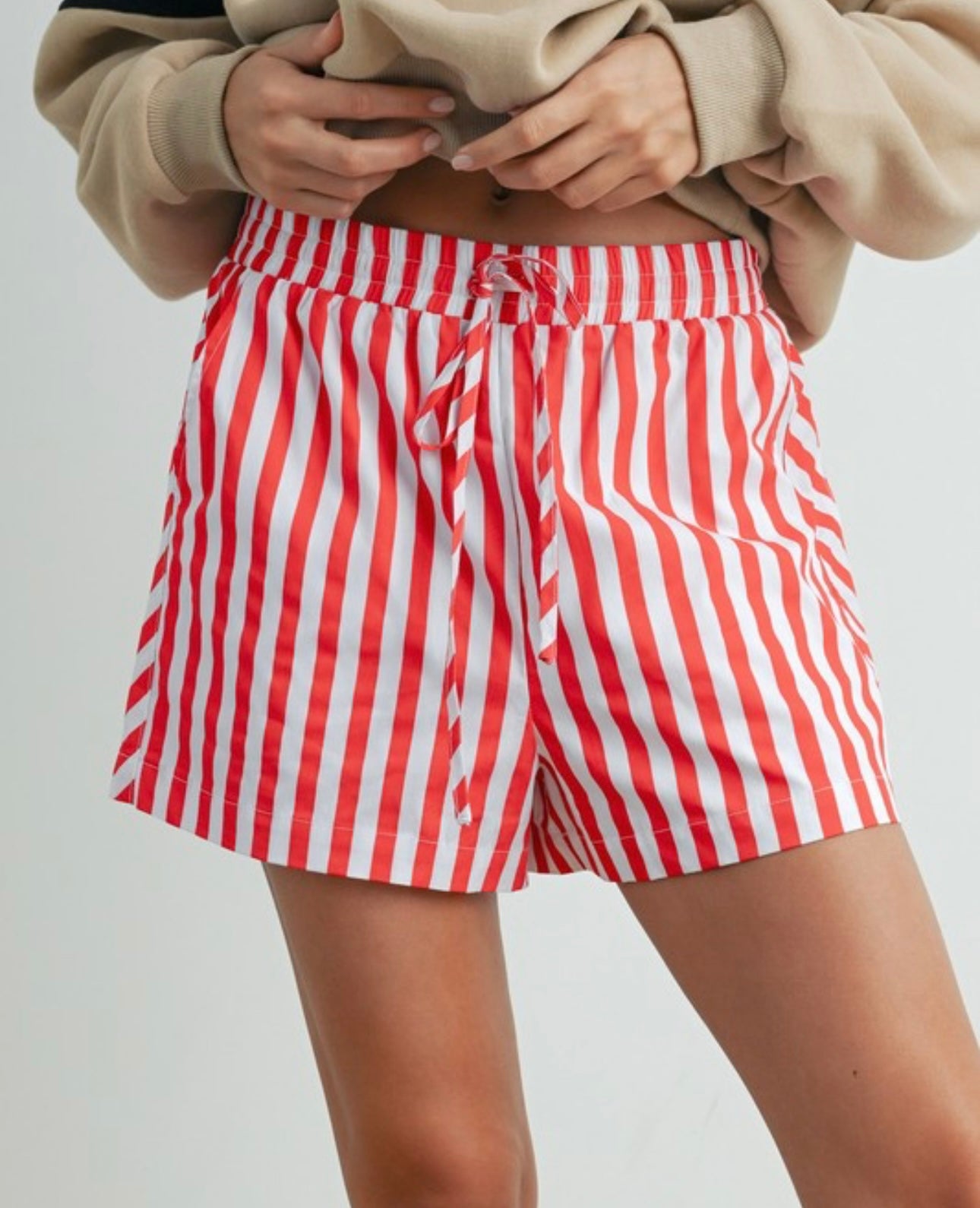 Red & Ivory Striped Drawstring Boxer Shorts