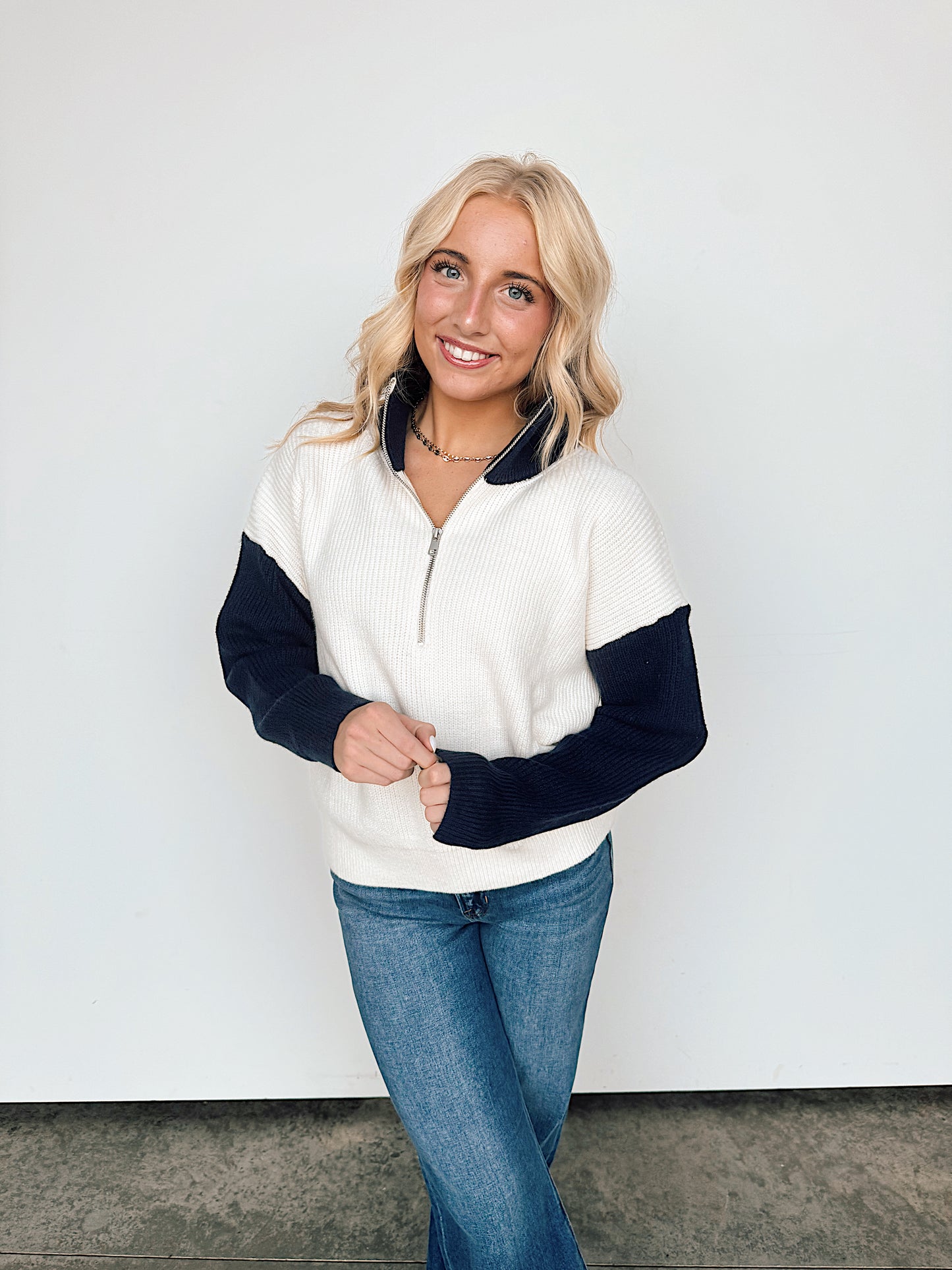 Navy Cream Colorblock Half Zip