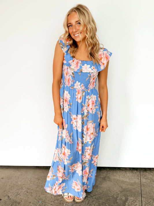 Floral Print Smocked Ruffle Maxi Dress