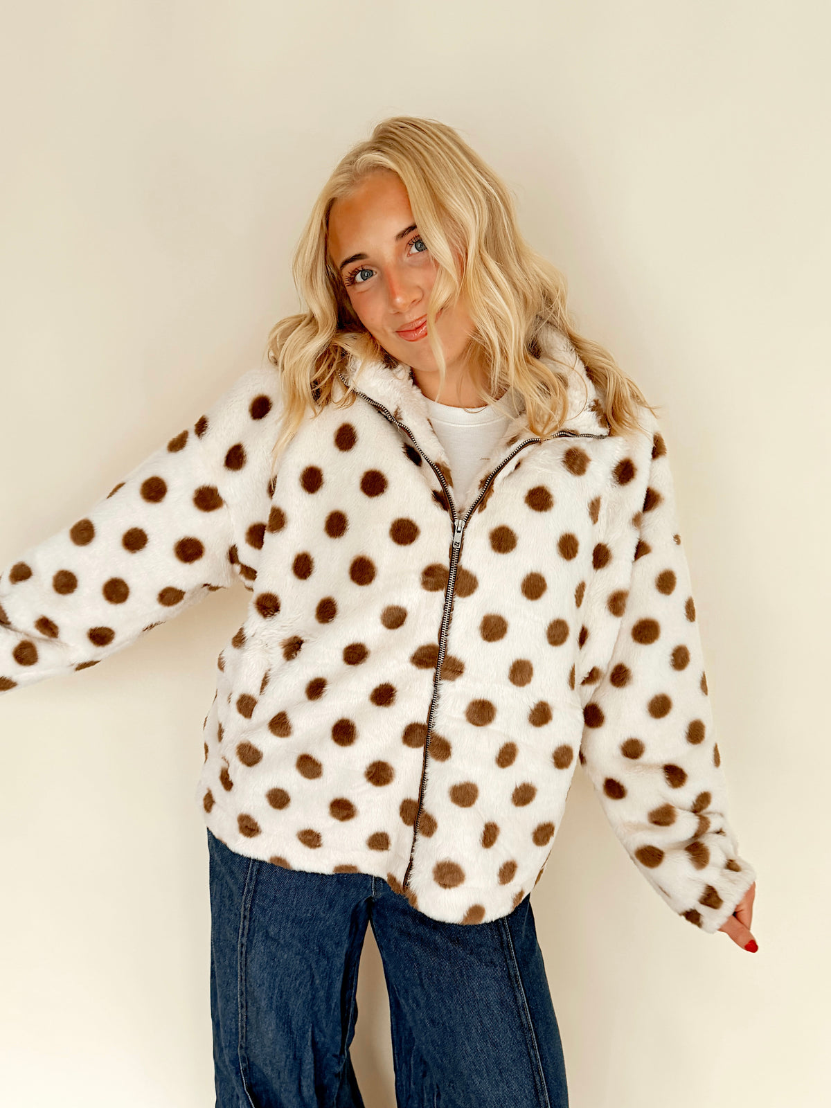 Polka Dot Fuzzy Zip-Up Jacket