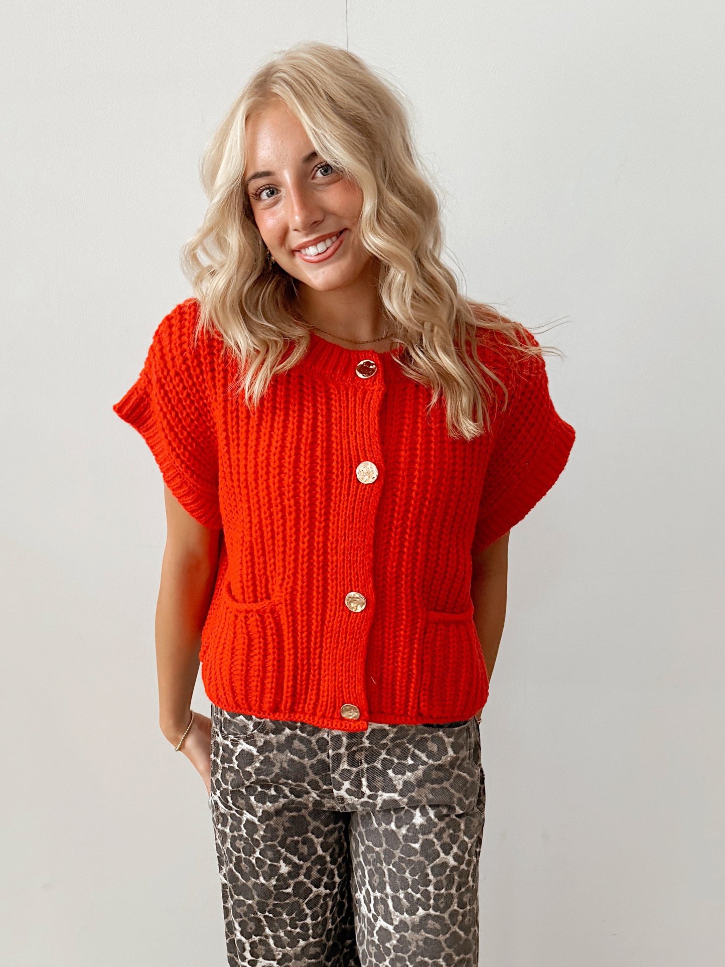 Red Button Detail Chunky Sleeveless Sweater