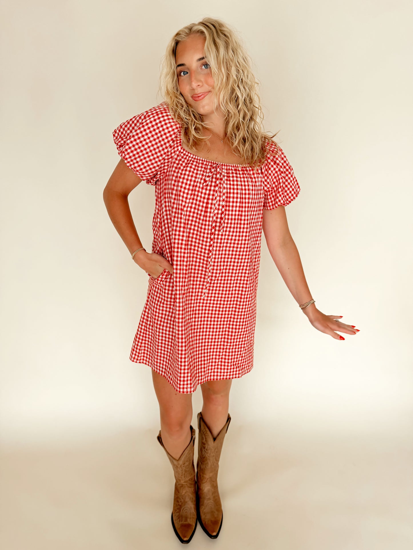 Red Gingham Puff Sleeve Dress