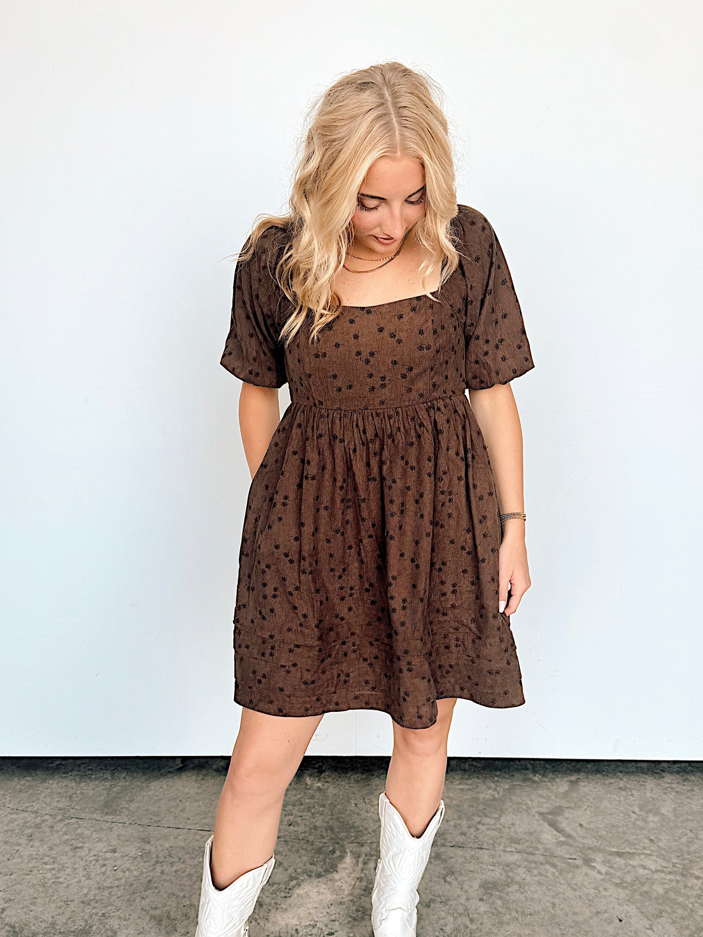 Mocha Corduroy Babydoll Puff Sleeve Dress