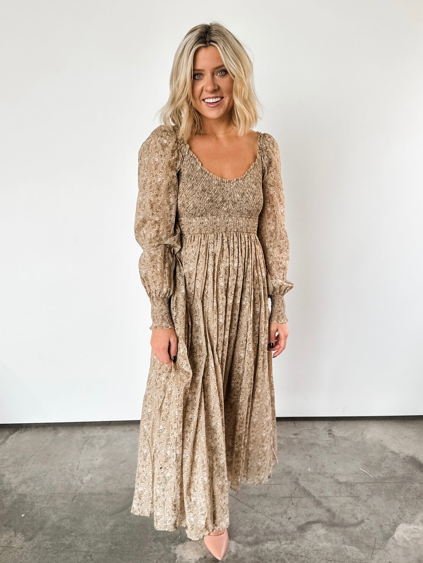 Beige Smocked Floral Dress