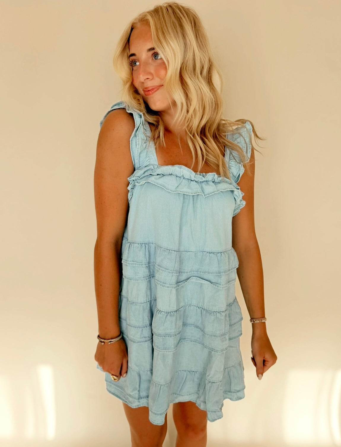 Light Denim Ruffled Strap Tiered Dress
