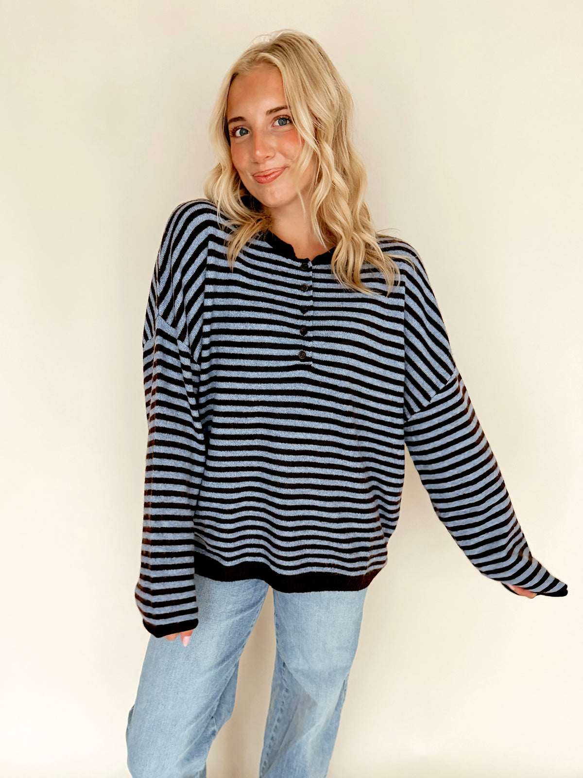 Button Henley Striped Sweater Top